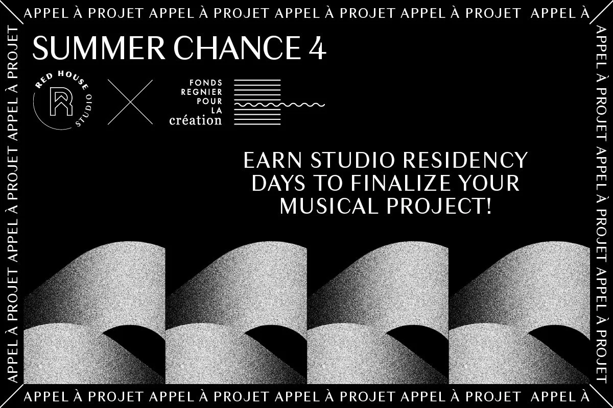 Promotional poster for the Summer Chance 4 program, a paid studio residency to finalize a musical project, organized by the Regnier Fund for Creation and Red House Studio. The poster features a logo, graphic lines and a series of black-and-white shapes with a textural effect.