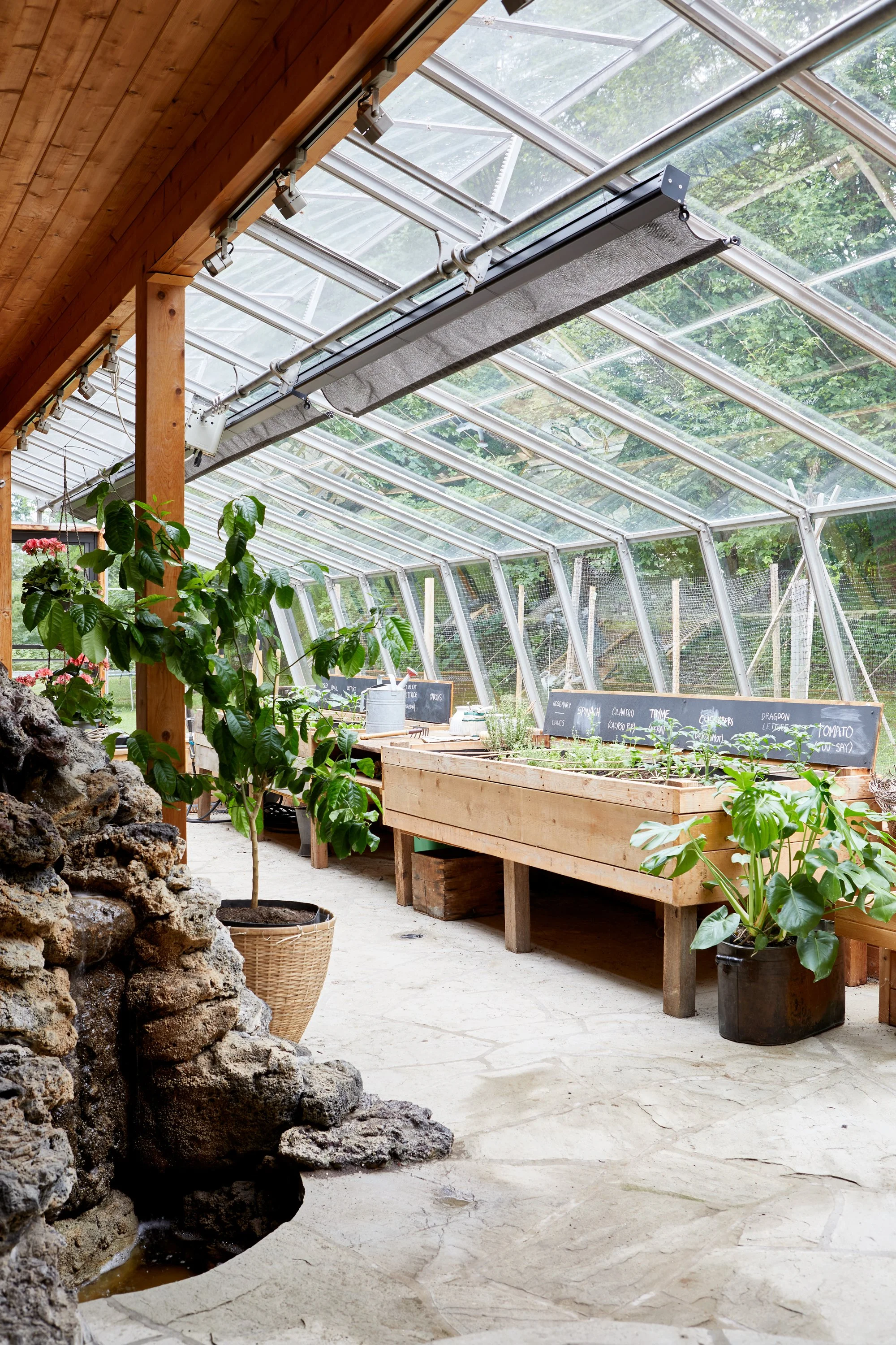 Interior of a greenhouse with wooden and glass structure, containing potted plants, a rock water fountain, and plant beds with chalkboard labels.