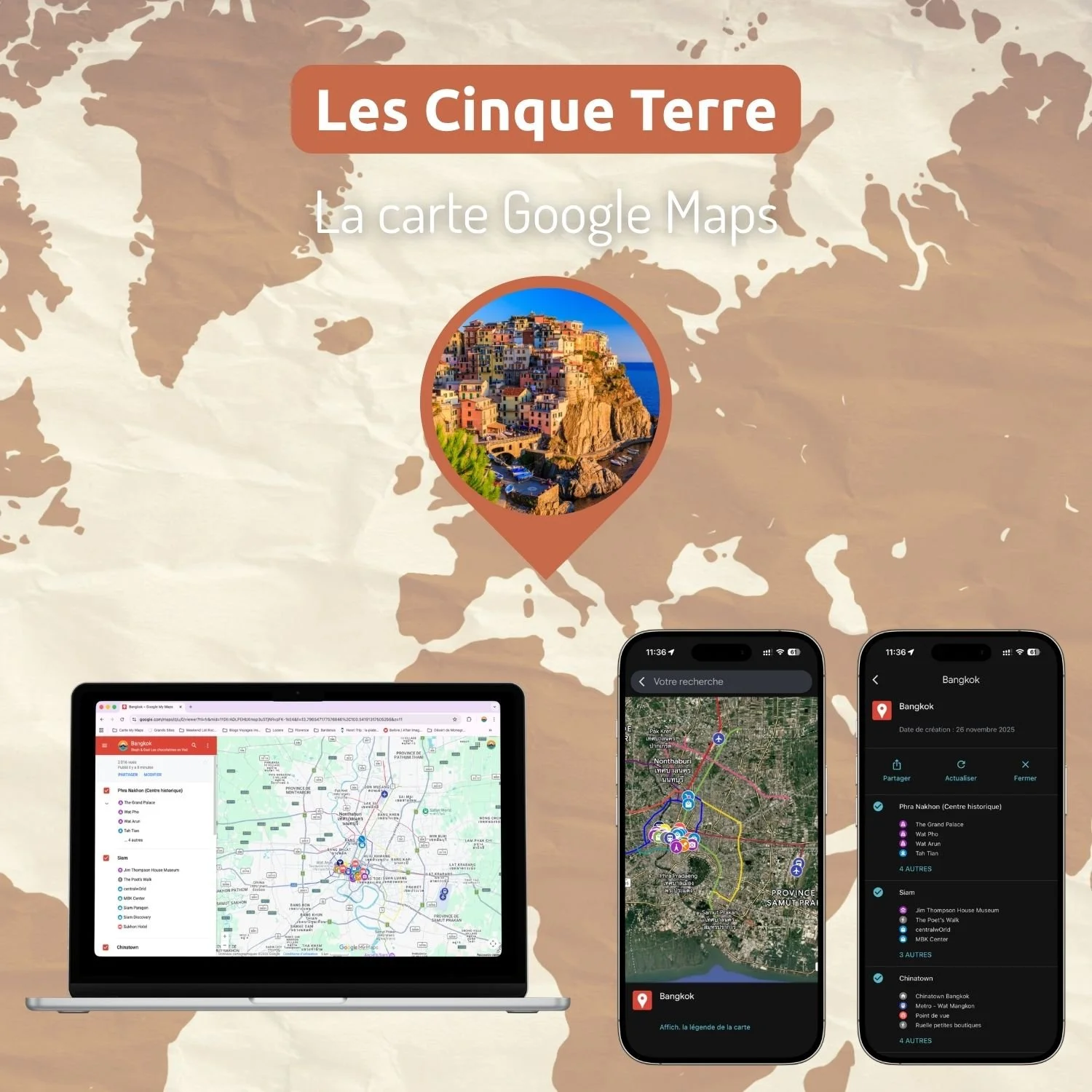 Carte avec points d'intérêts pour visiter les cinque terre