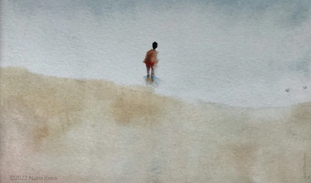 A watercolor painting of a person standing on a sandy beach near the water, gazing at the ocean.