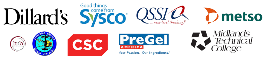 Client logos including Dillard's, Sysco, QSI, Metso, Lexington County, PreGel America and Midlands Technical College