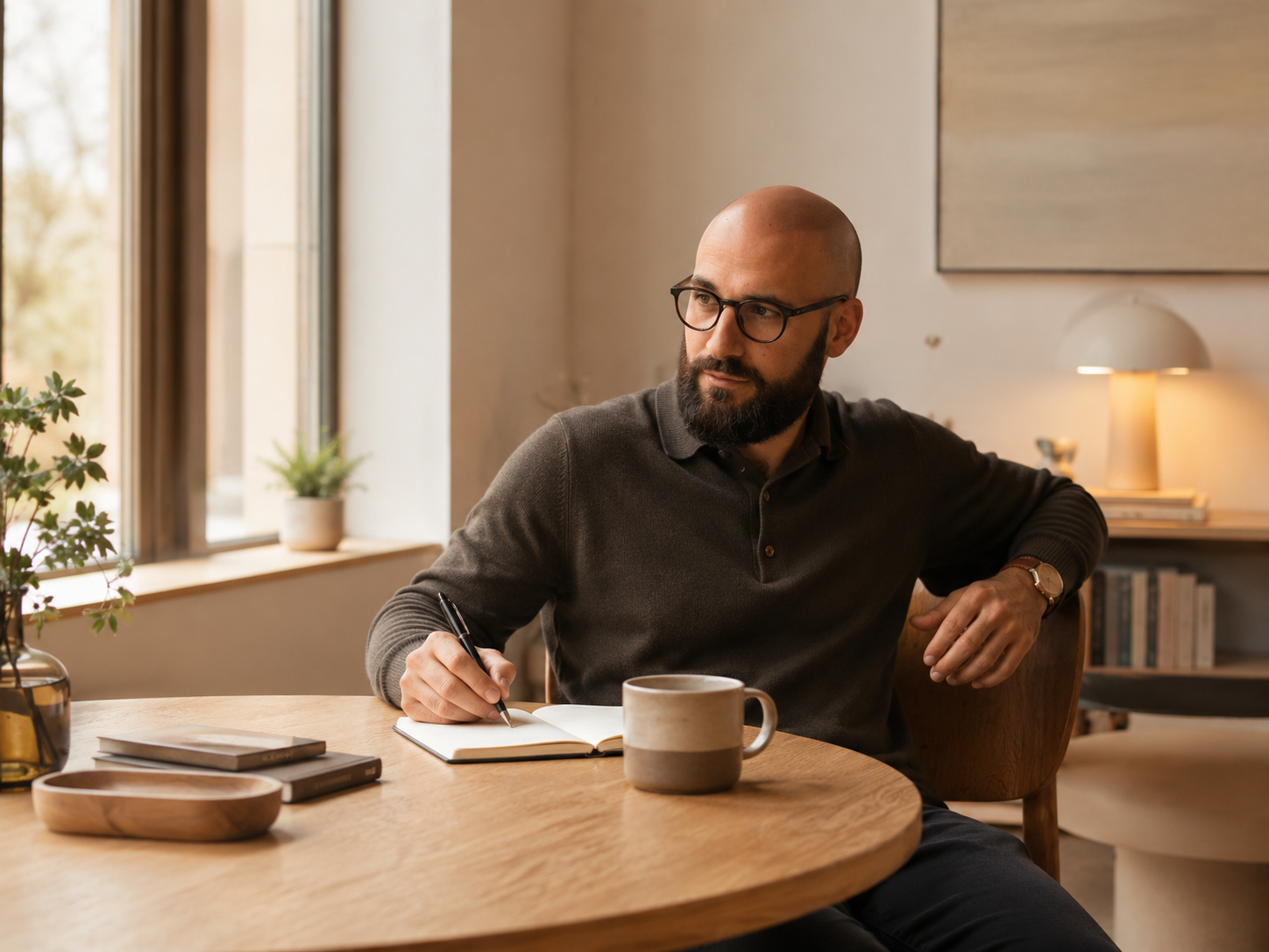 A man with glasses and a beard sitting at a wooden table writing in a notebook with a pen, with a mug and books on the table, in a well-lit room with a window and plants.