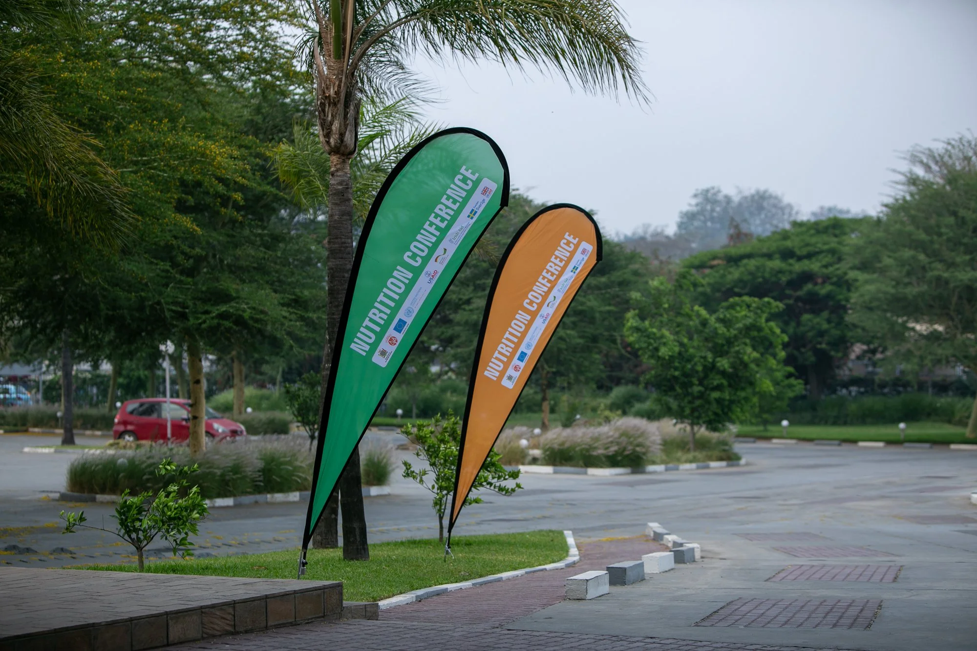 Outdoor parking lot with three palm trees and two vertical banners that read "Nutrition Conference" in green and orange. Cars are parked in the background, and there are greenery and trees around.
