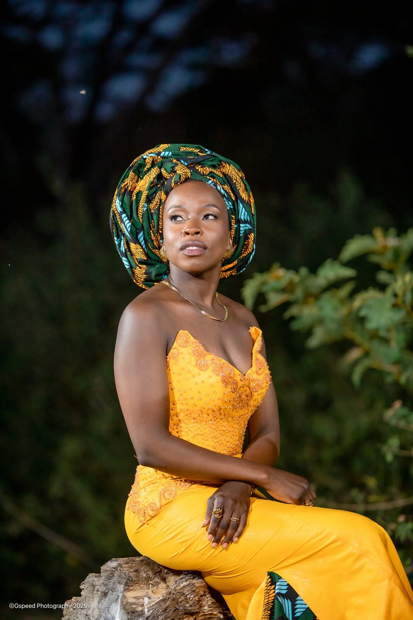 A woman dressed in a vibrant yellow dress with intricate embroidery, sitting outdoors on a tree trunk with a dark, blurred background of foliage and trees. She wears a colorful, patterned headwrap and has jewelry including rings and a delicate neckla