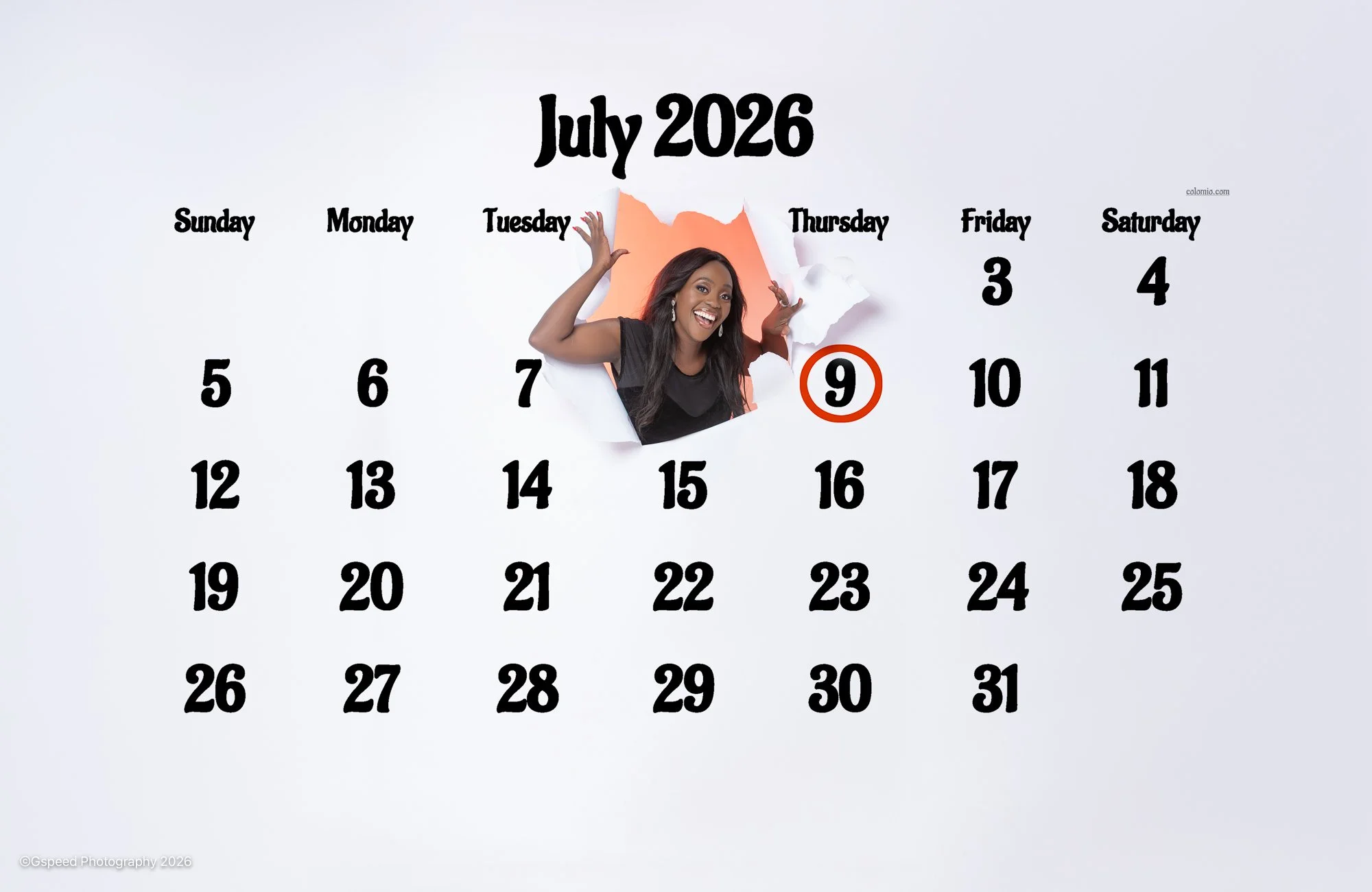 A calendar for July 2026 with a woman appearing to burst through a paper torn in the center, smiling, with the date 9 circled in orange.