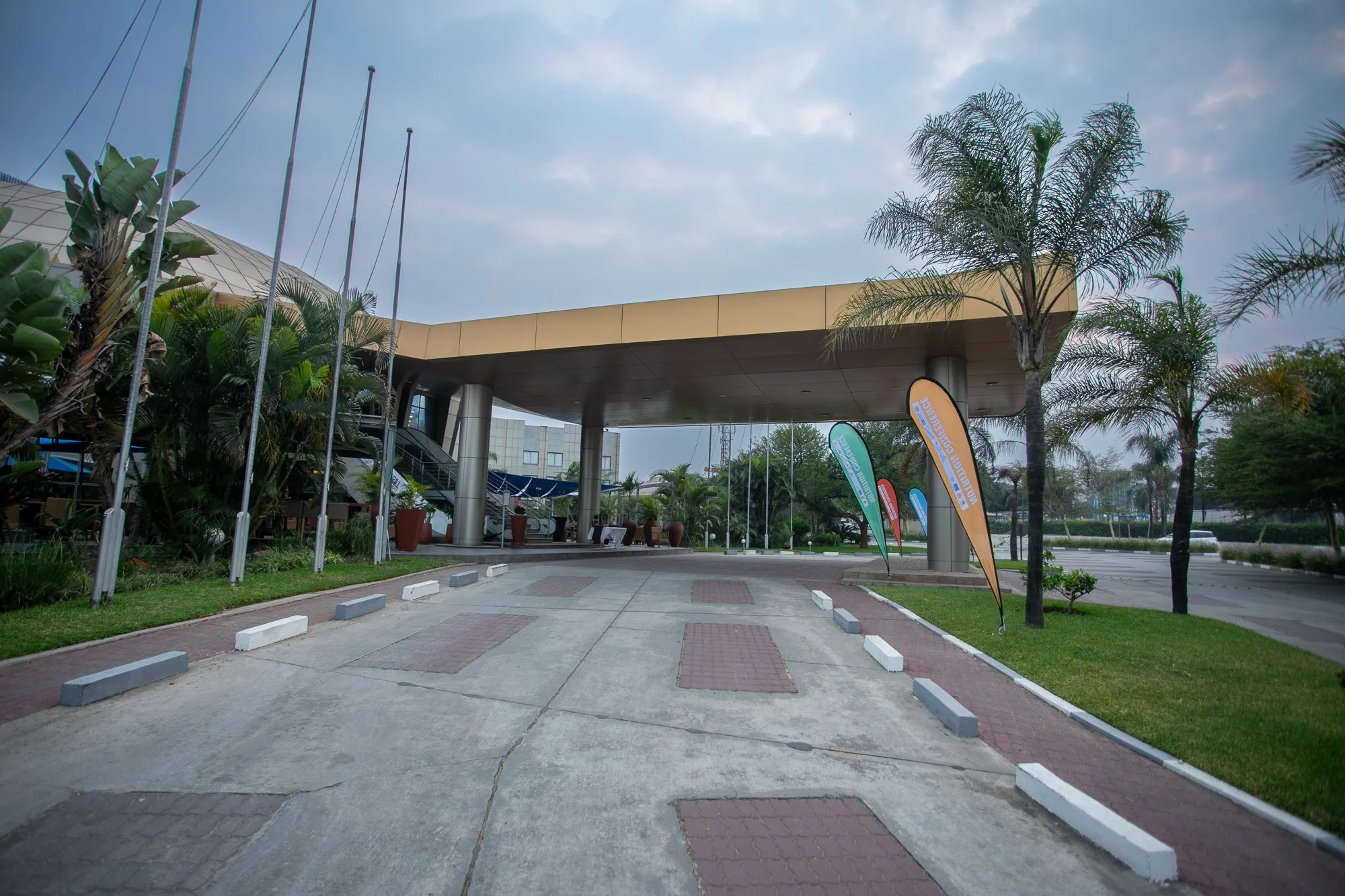 An outdoor patio area with custom parking spaces marked by concrete wheel stops, leading up to a modern building with a covered entrance and surrounding palm trees and lush greenery.