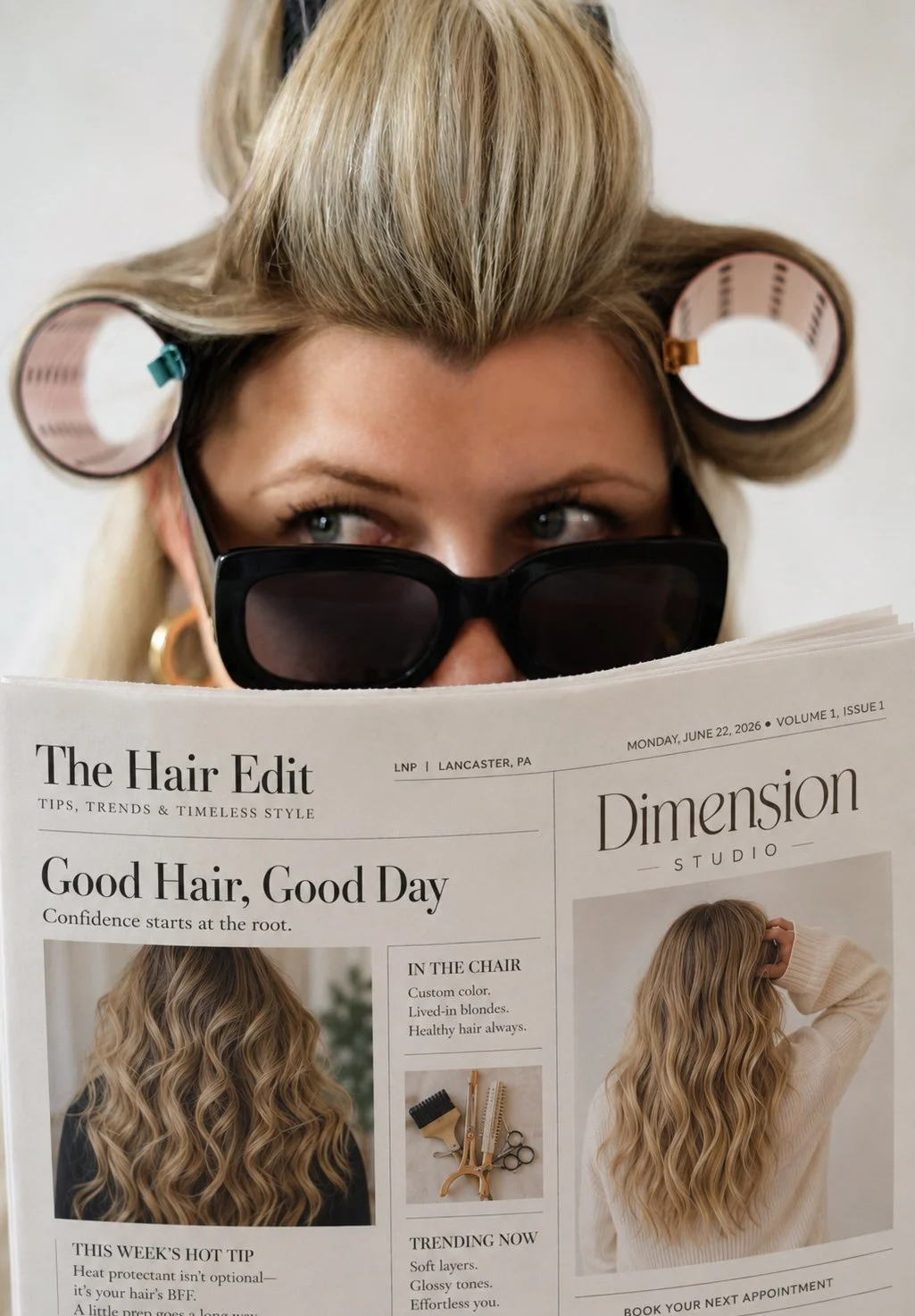 woman in rollers wearing sunglasses and posing behind newspaper for styled shoot at The White Room