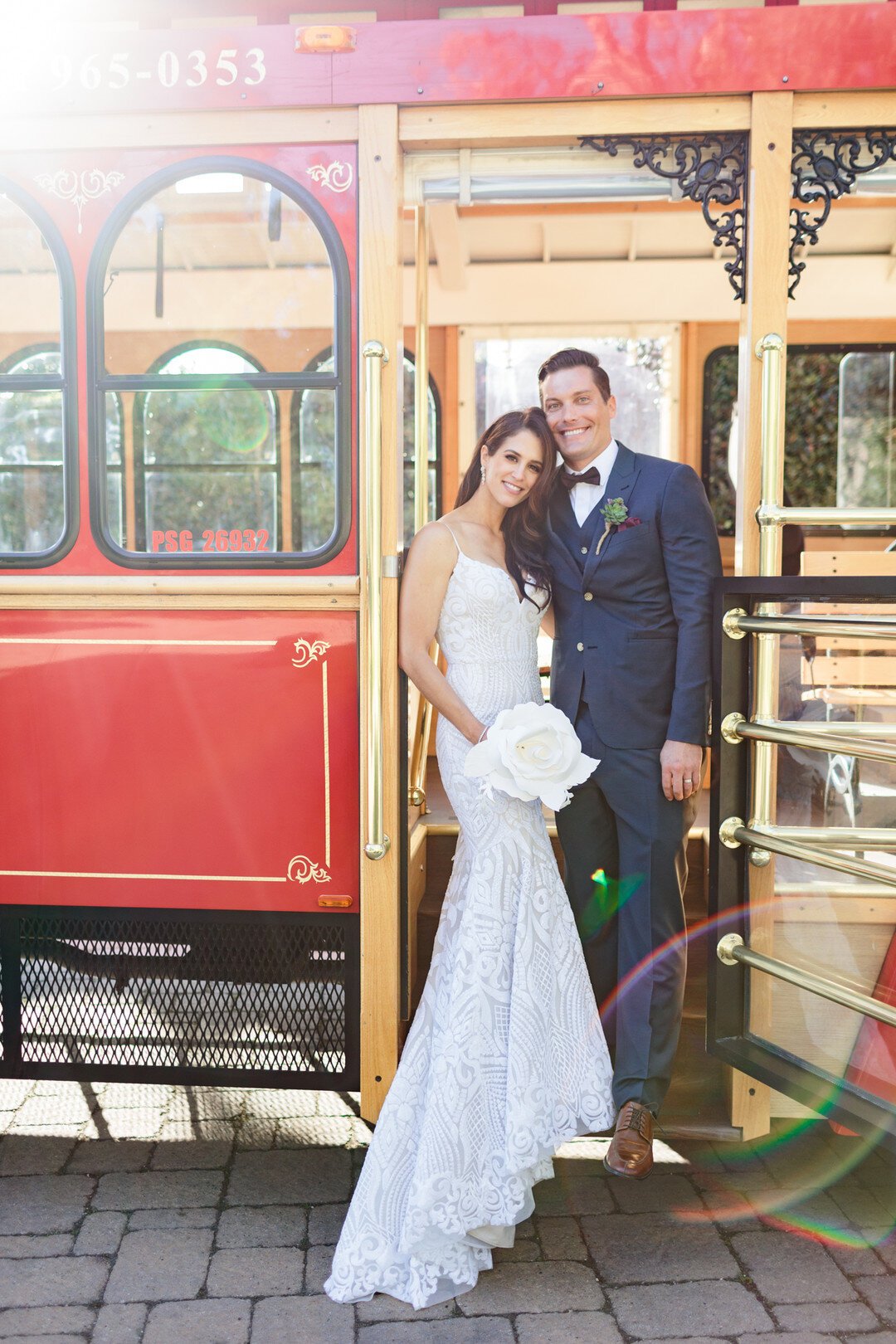 www.santabarbarawedding.com | Kaitie Brainerd | Santa Barbara Courthouse | Blush by Hayley Paige | Indochino | Santa Barbara Trolley | Bride and Groom on the Trolley