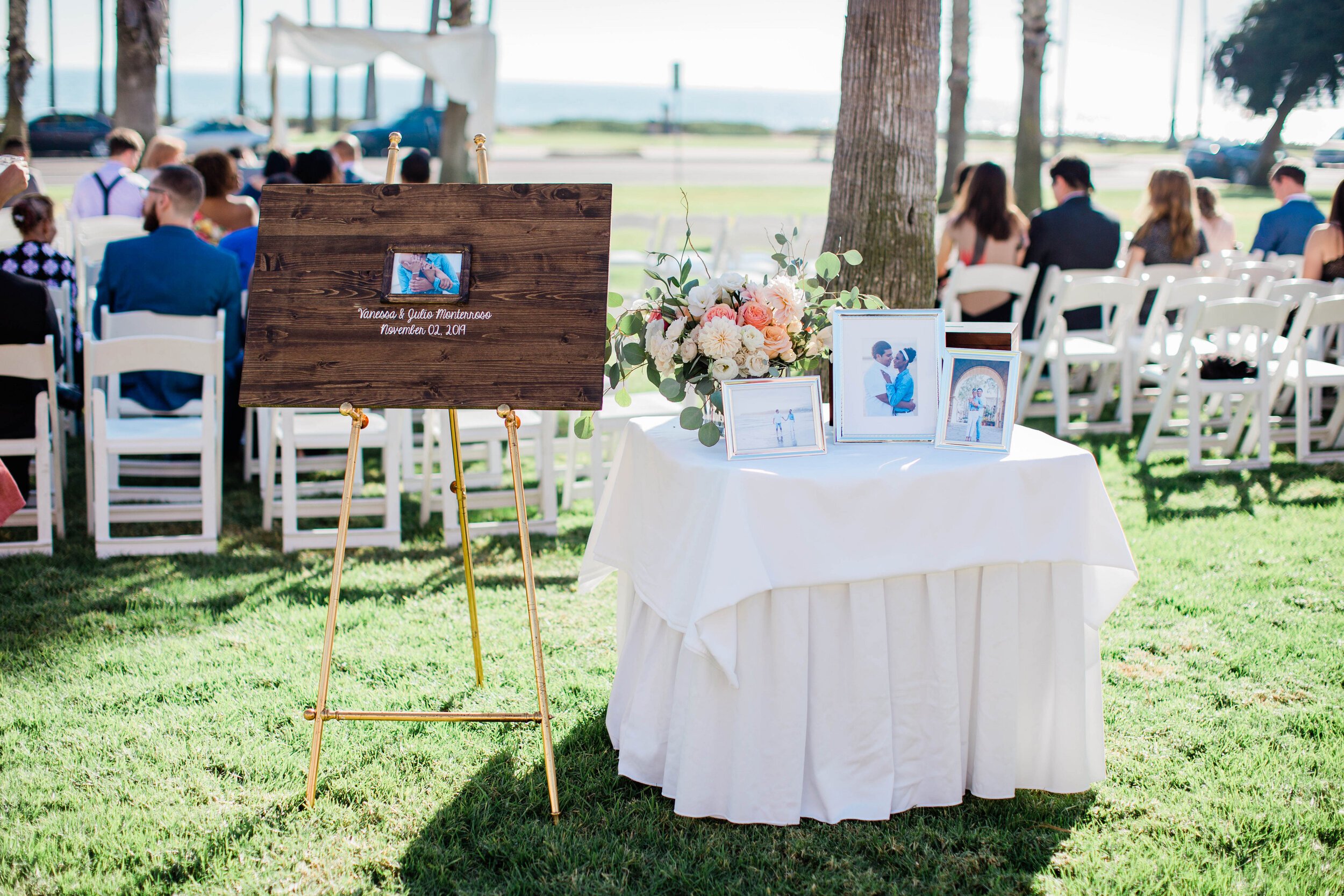 www.santabarbarawedding.com | White Sage Wedding &amp; Events | Amber Jean | Hilton SB Beachfront Resort | Ojai Blooms | Amigo Party Rentals | Welcome Sign for Ceremony 