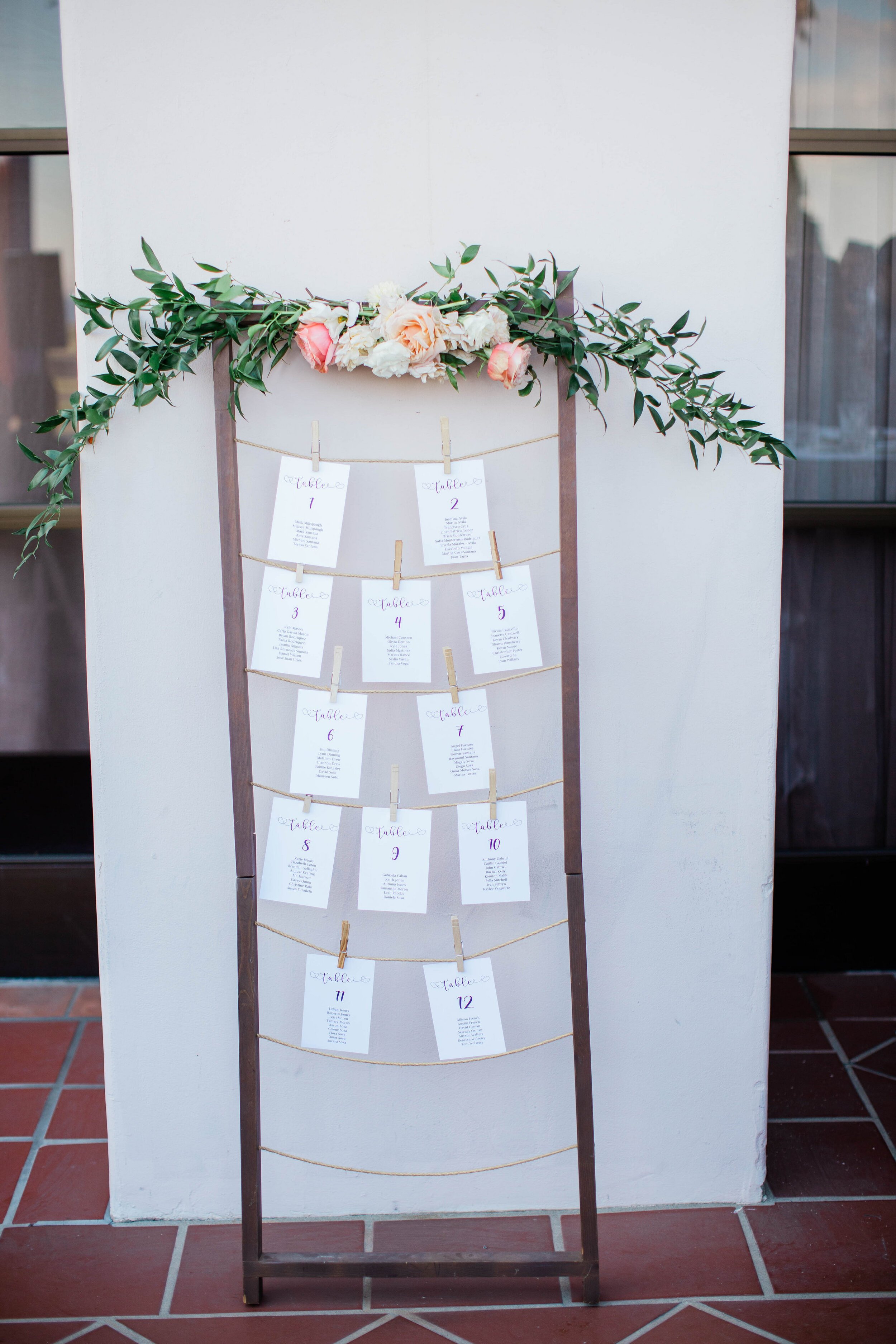 www.santabarbarawedding.com | White Sage Wedding &amp; Events | Amber Jean | Hilton SB Beachfront Resort | Ojai Blooms | Amigo Party Rentals | Reception Table Assignments 