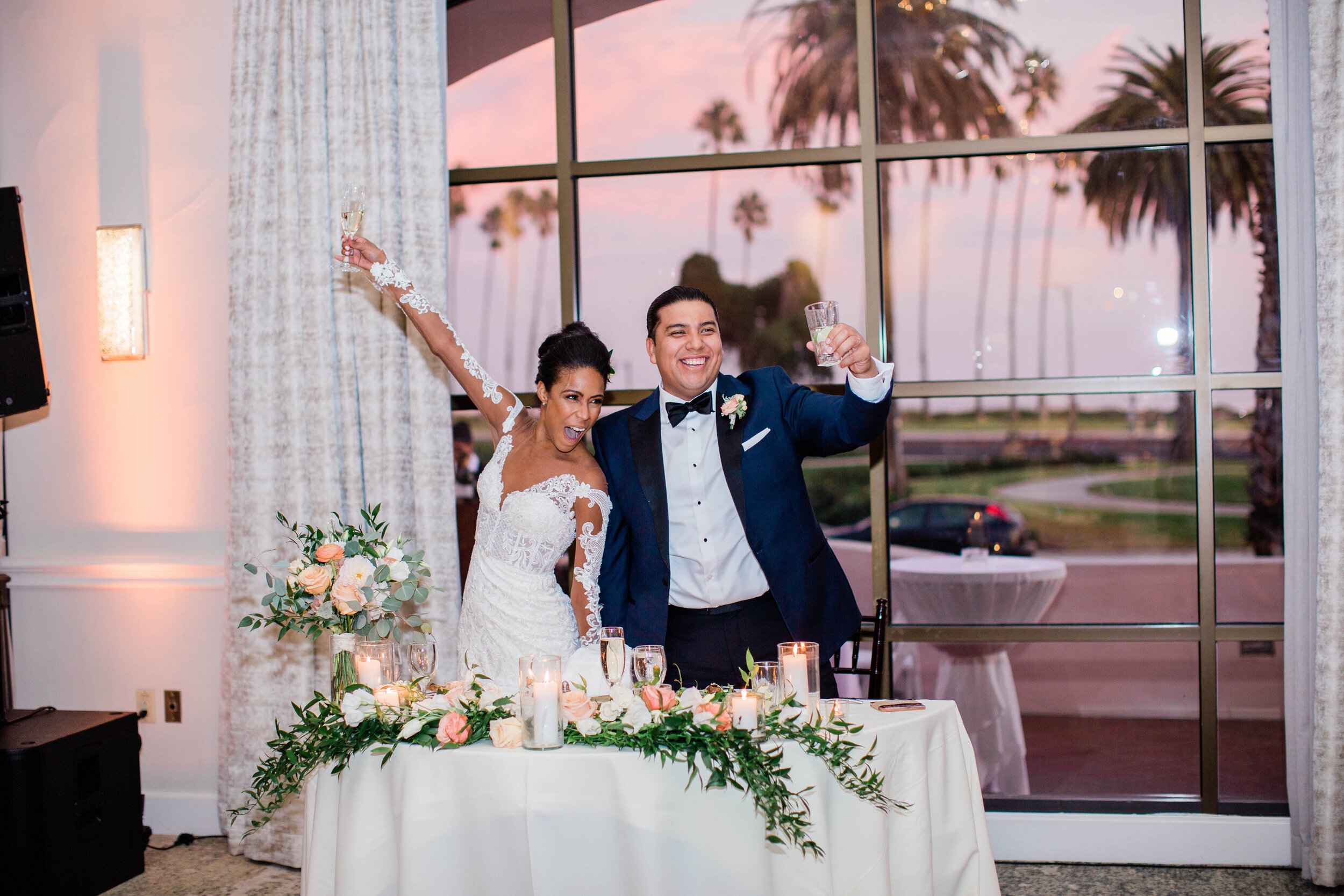 www.santabarbarawedding.com | White Sage Wedding &amp; Events | Amber Jean | Hilton SB Beachfront Resort | Ojai Blooms | Anomalie | Amigo Party Rentals | Couple Toast at Reception