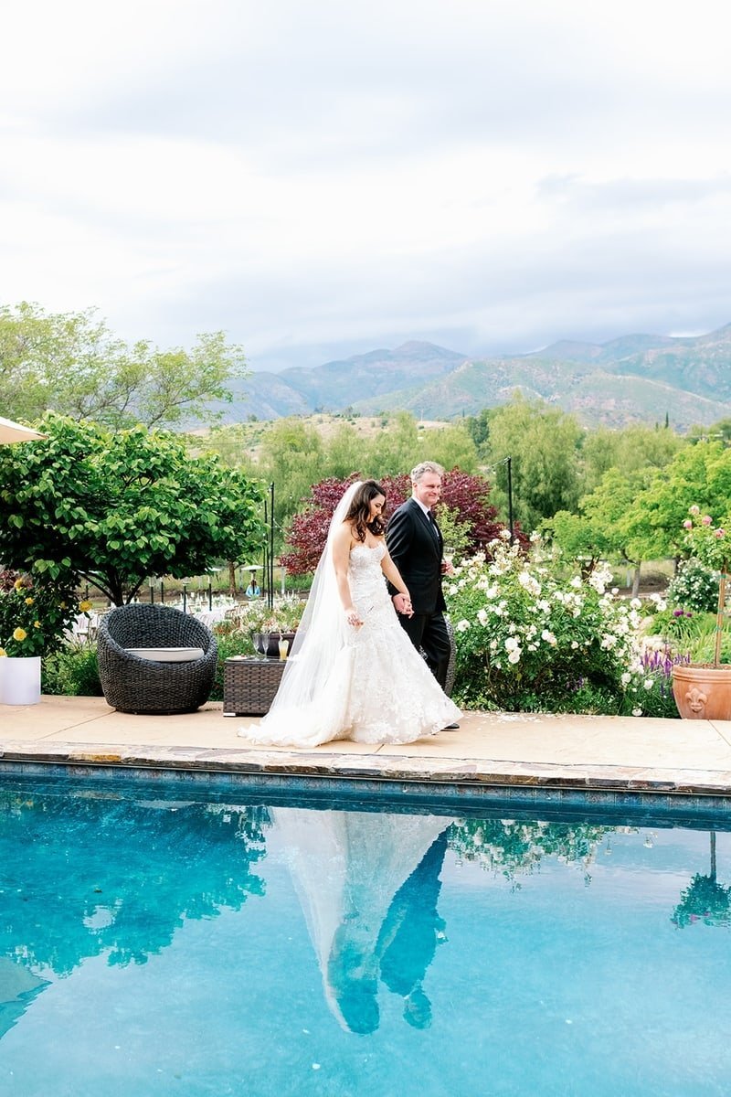 www.santabarbarawedding.com | White Sage | Taryn Grey Photography | Ojala Floral | The Tent Merchant | Otis &amp; Pearl | TEAM Hair &amp; Makeup | Couple Walking by the Pool at the Venue