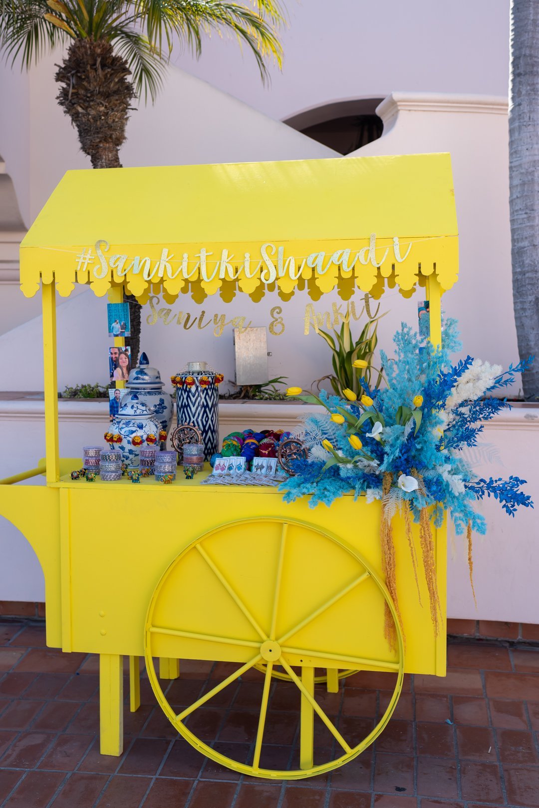 www.santabarbarawedding.com | Hilton SB | Blue Lotus Insights | Shawna Yamamoto | MPSingh Photography | Yellow Cart with Decor at Reception