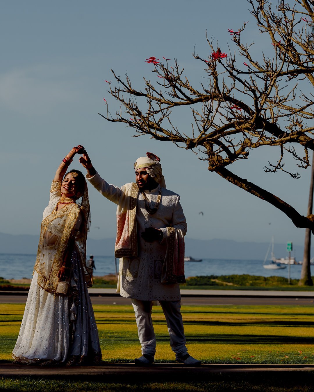 www.santabarbarawedding.com | Hilton SB | Blue Lotus Insights | Shawna Yamamoto | MPSingh Photography | Indira Bishen | Royal Style Turban | Rachana Desai | Couple Twirling by Ocean