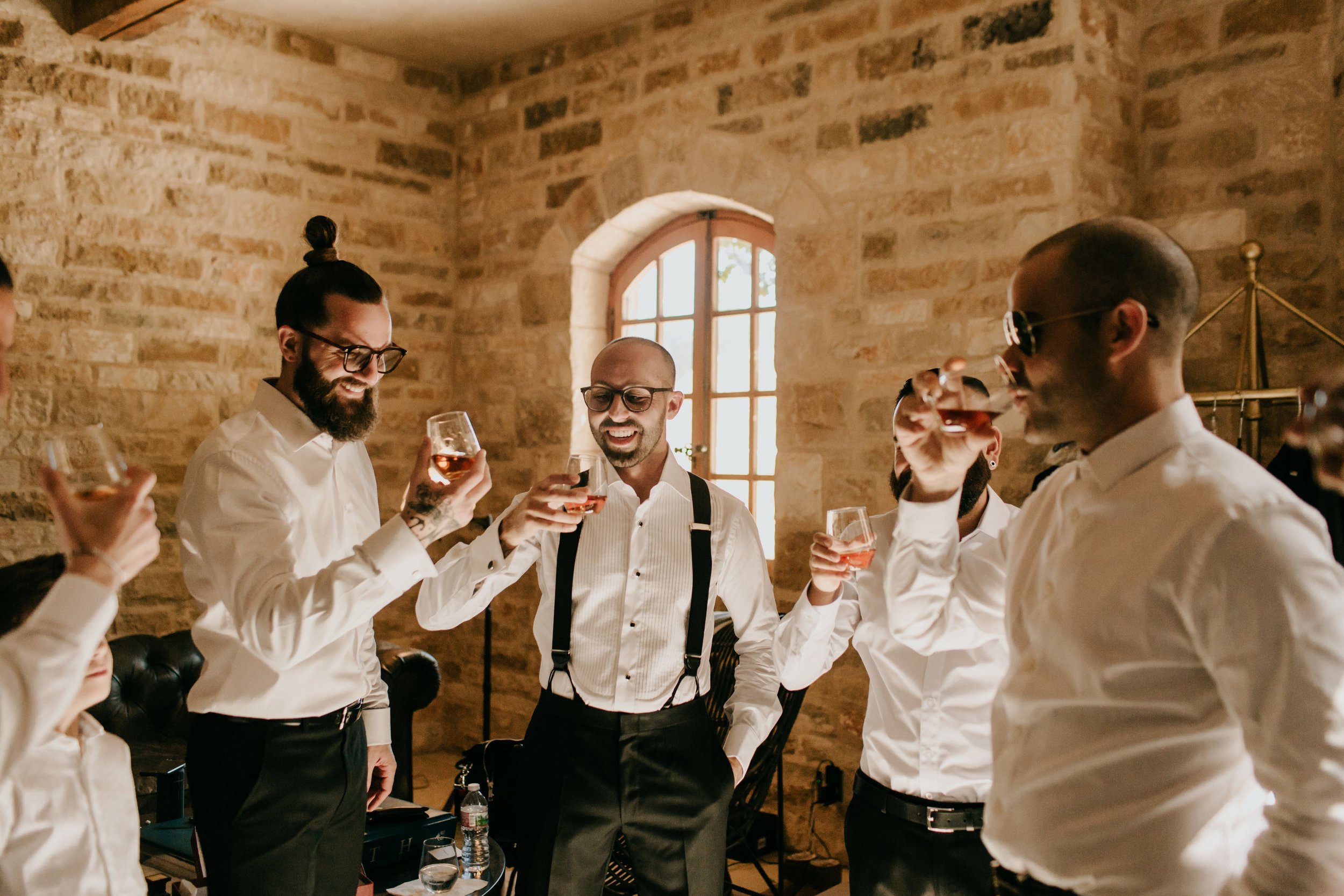 www.santabarbarawedding.com | Alexandria Monette Photography | Sunstone Villa | Soleil Events | Chris Brugler Catering | Groom and Groomsmen Enjoy Drinks Before Ceremony 