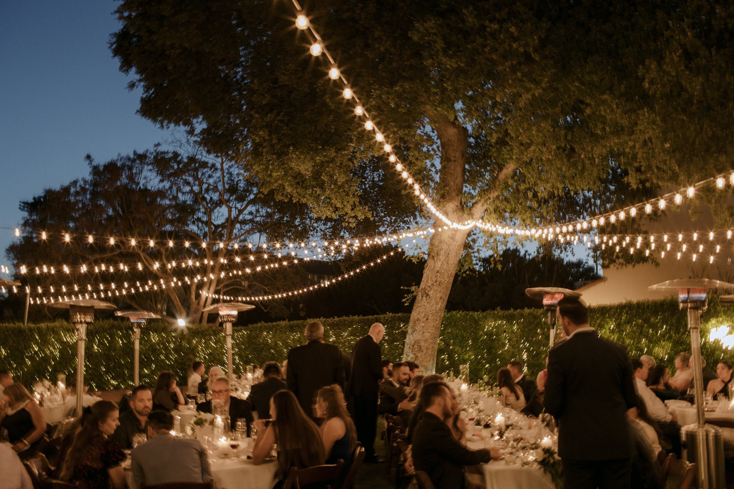 www.santabarbarawedding.com | KB Events | Ali Beck | The Santa Barbara Club | Poppy Pod Floral Design | Just 4 Fun Party Rentals | String Lights Over the Reception Area