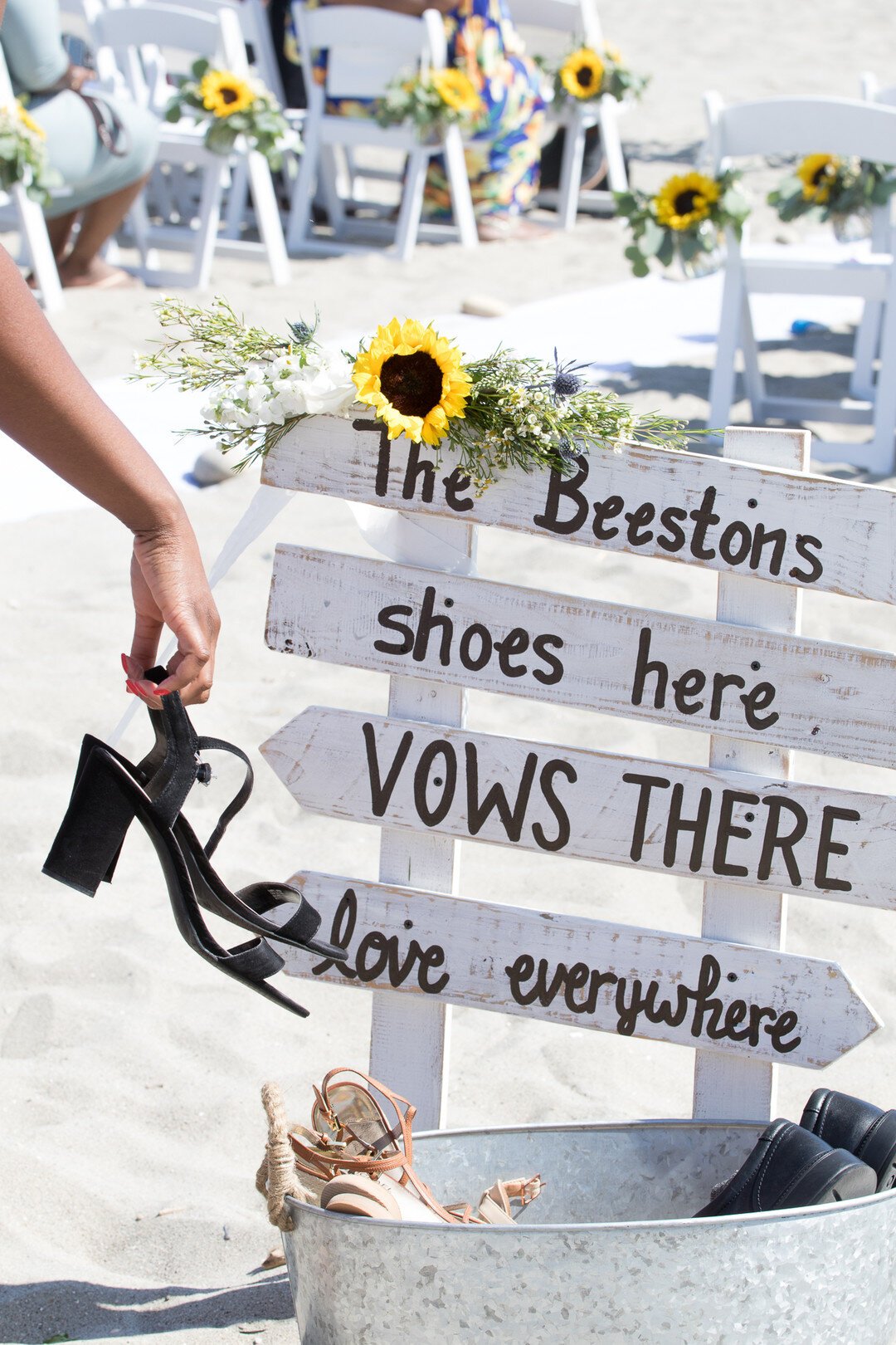 www.santabarbarawedding.com | Renoda Campbell Photography | Bin for Shoes at Beach Wedding