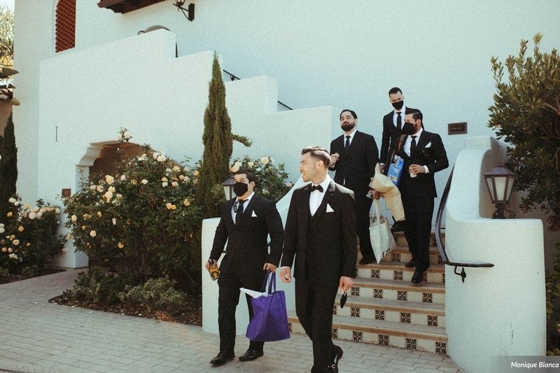 www.santabarbarawedding.com | Our Lady of Mount Carmel | Monique Bianca | White Sage | Intrepid Floral Co. | Generation Tux | Groom and Groomsmen Heading to the Ceremony 