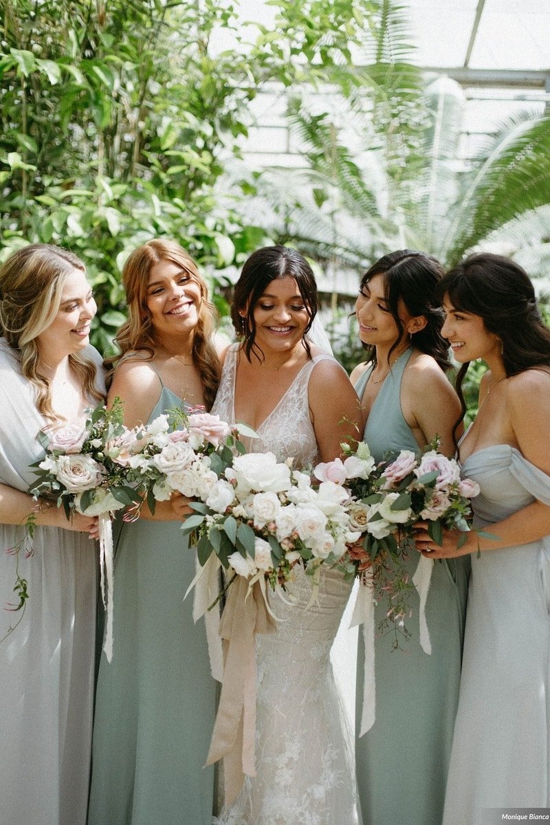www.santabarbarawedding.com | Our Lady of Mount Carmel | Monique Bianca | White Sage | Intrepid Floral Co. | Enzoani | Bride and Bridesmaids with Bouquets