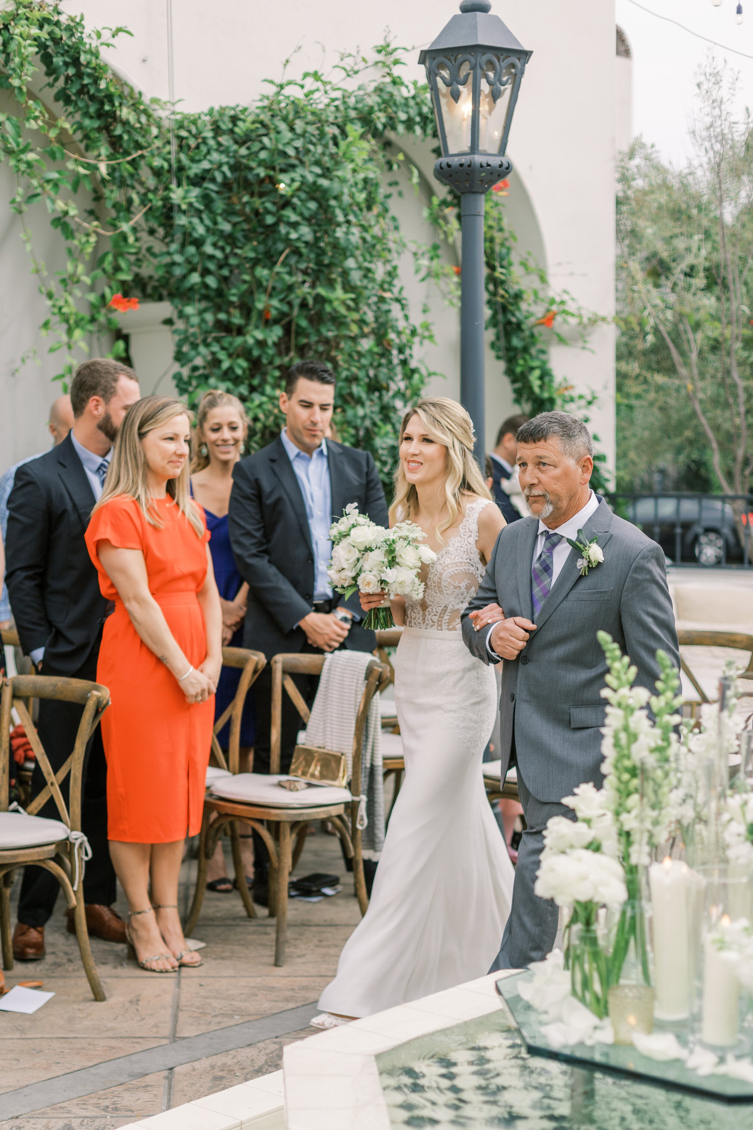 www.santabarbarawedding.com | Jocelyn &amp; Spencer | Villa &amp; Vine | Our Perfect Night | Off-White | 805 Makeup | Andrea Villa | Watters | Margaret Joan Florals | Bride Walking Down Aisle with Dad