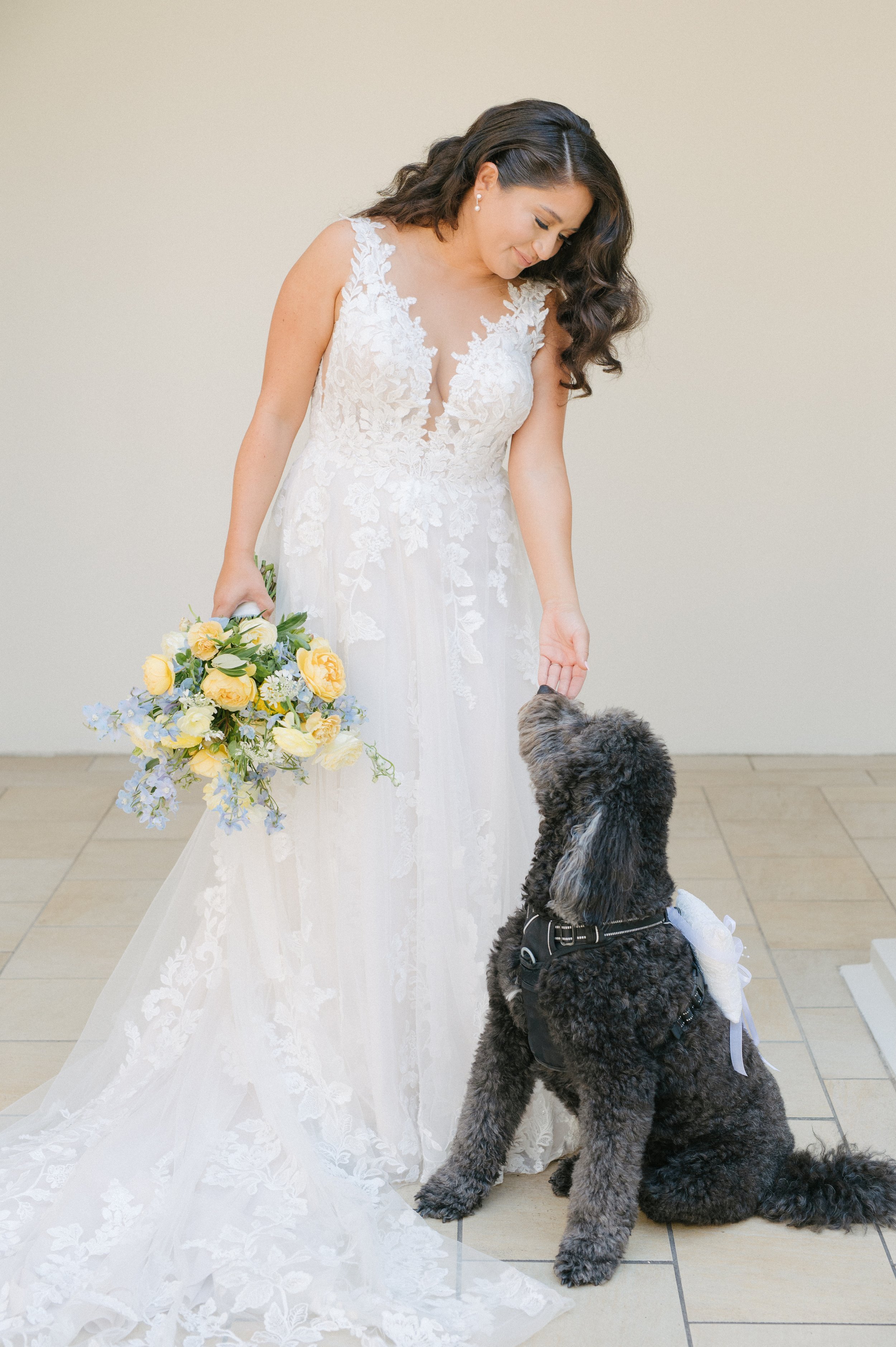 www.santabarbarawedding.com | Haley Garces Photography | Bride with Bouquet Petting Her Dog Before the Ceremony 