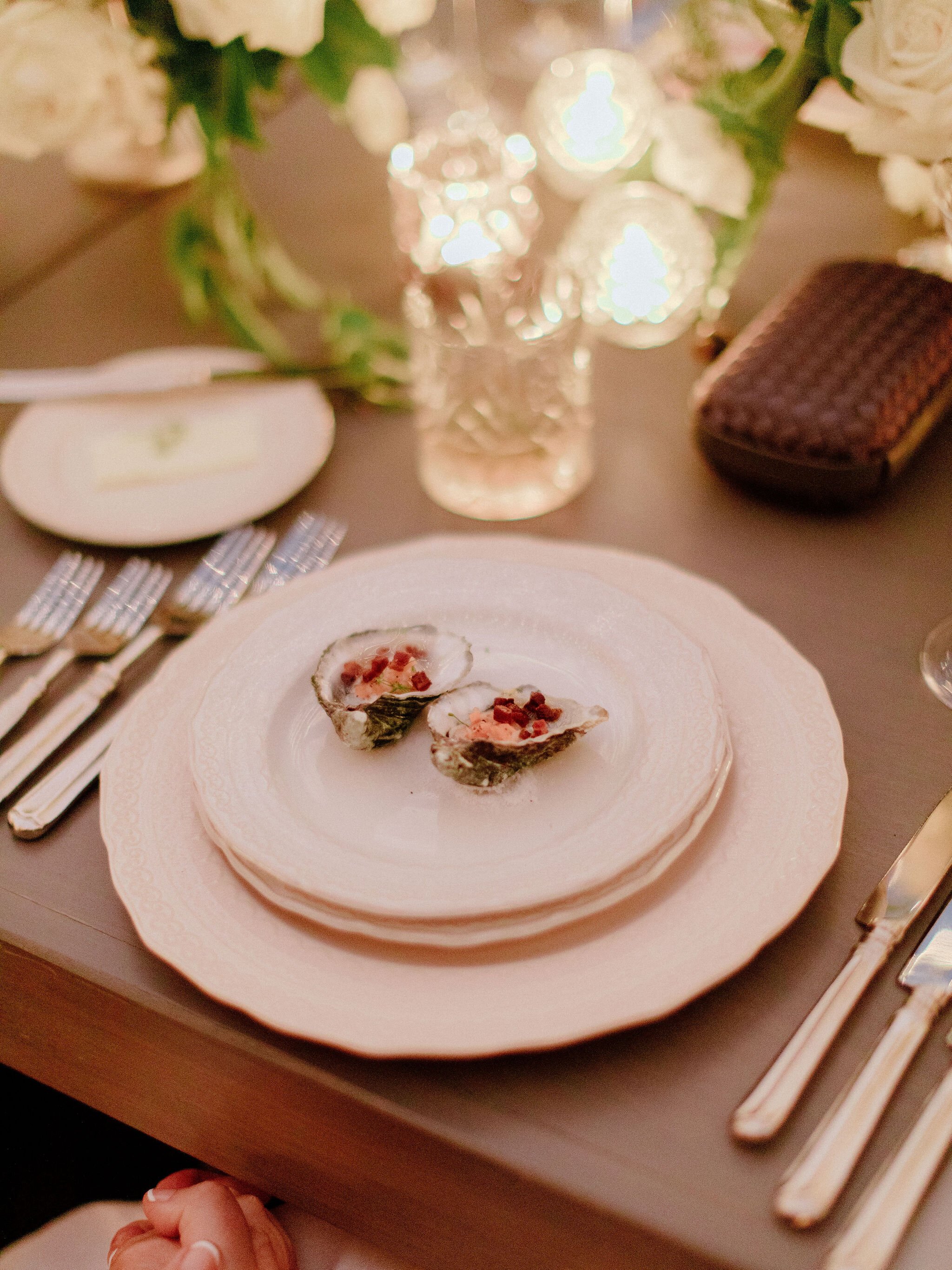 www.santabarbaraweddings.com | Chris J. Evans | Private Residence | Ashley Chanel Events | Rogue &amp; Fox | Reception Place Settings with Oyster Appetizer