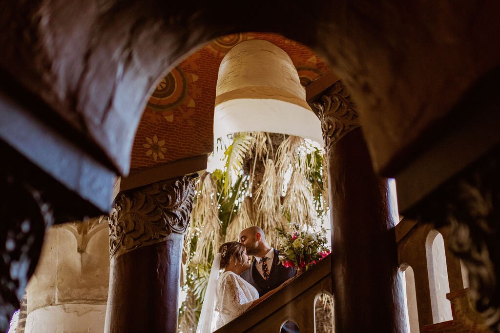 www.santabarbarawedding.com | Holcomb &amp; Co. | SB Courthouse | LuckEleven Events | Bright Floral Design | Chloe Schlossmann | BHLDN | Bride and Groom on the Staircase