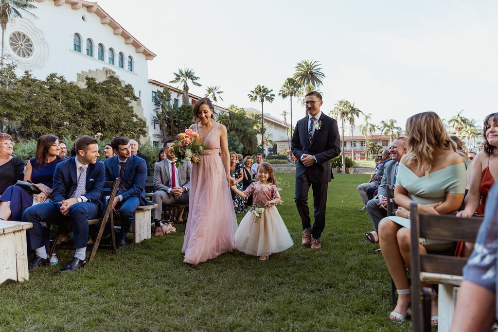 www.santabarbarawedding.com | Holcomb &amp; Co. | SB Courthouse | LuckEleven Events | Bright Floral Design | Ventura Rental | Flower Girl Walking Down the Aisle 