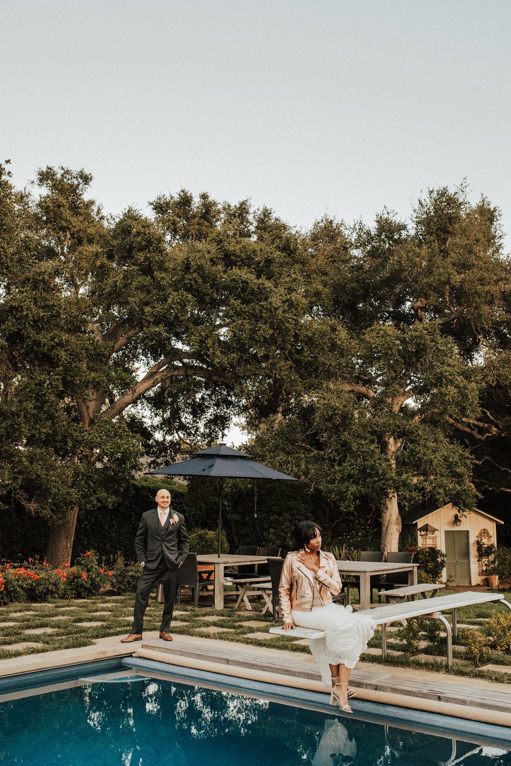 www.santabarbarawedding.com | The Indi Collective | Alpha Floral | Bride and Groom by the Pool