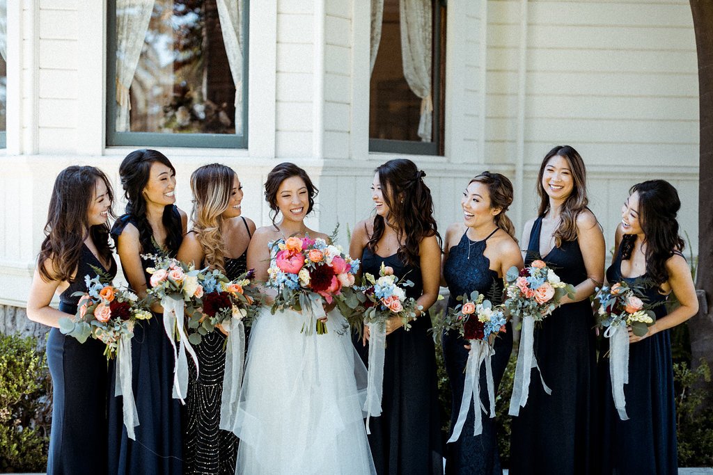 www.santabarbarawedding.com | Abi Q Photography | Camarillo Ranch | White Blossom | Unique Floral Designs | Kelly Zhang | The Bride with Bridesmaids and Bouquets