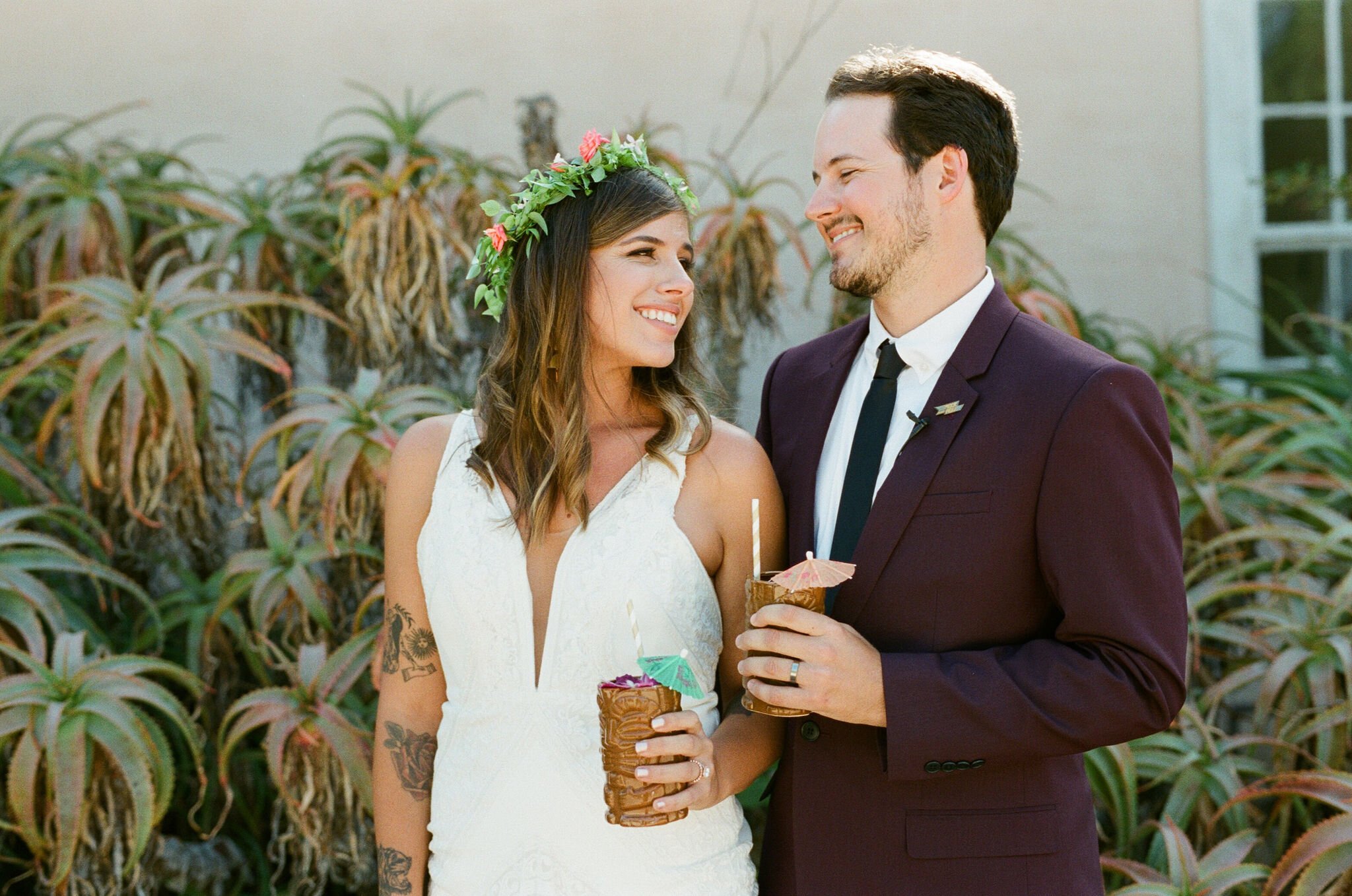 www.santabarbarawedding.com | SB Historical Museum | Onyx + Redwood | Lerina Winter Photo | Ella &amp; Louie | The Dress | Seasons Catering | Bride and Groom Enjoy Drinks