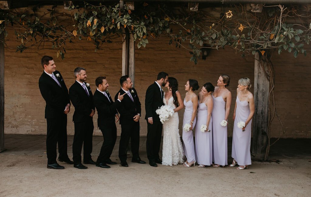 www.santabarbarawedding.com | Felici Events | SB Historical Museum | Ashley Taylor Photography | Ella &amp; Louie | LunaBella | Bride and Groom with Wedding Party 