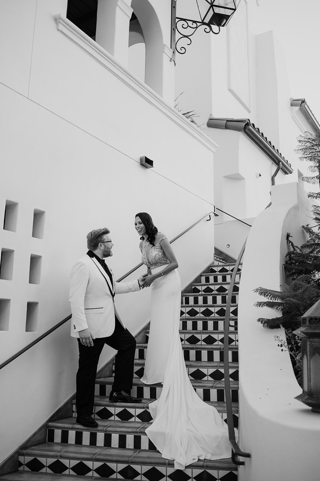 www.santabarbarawedding.com | Sunwest Video | Hotel Californian | Amazing Days Events | Tangled Lotus | LunaBella | Bride and Groom on the Stairs