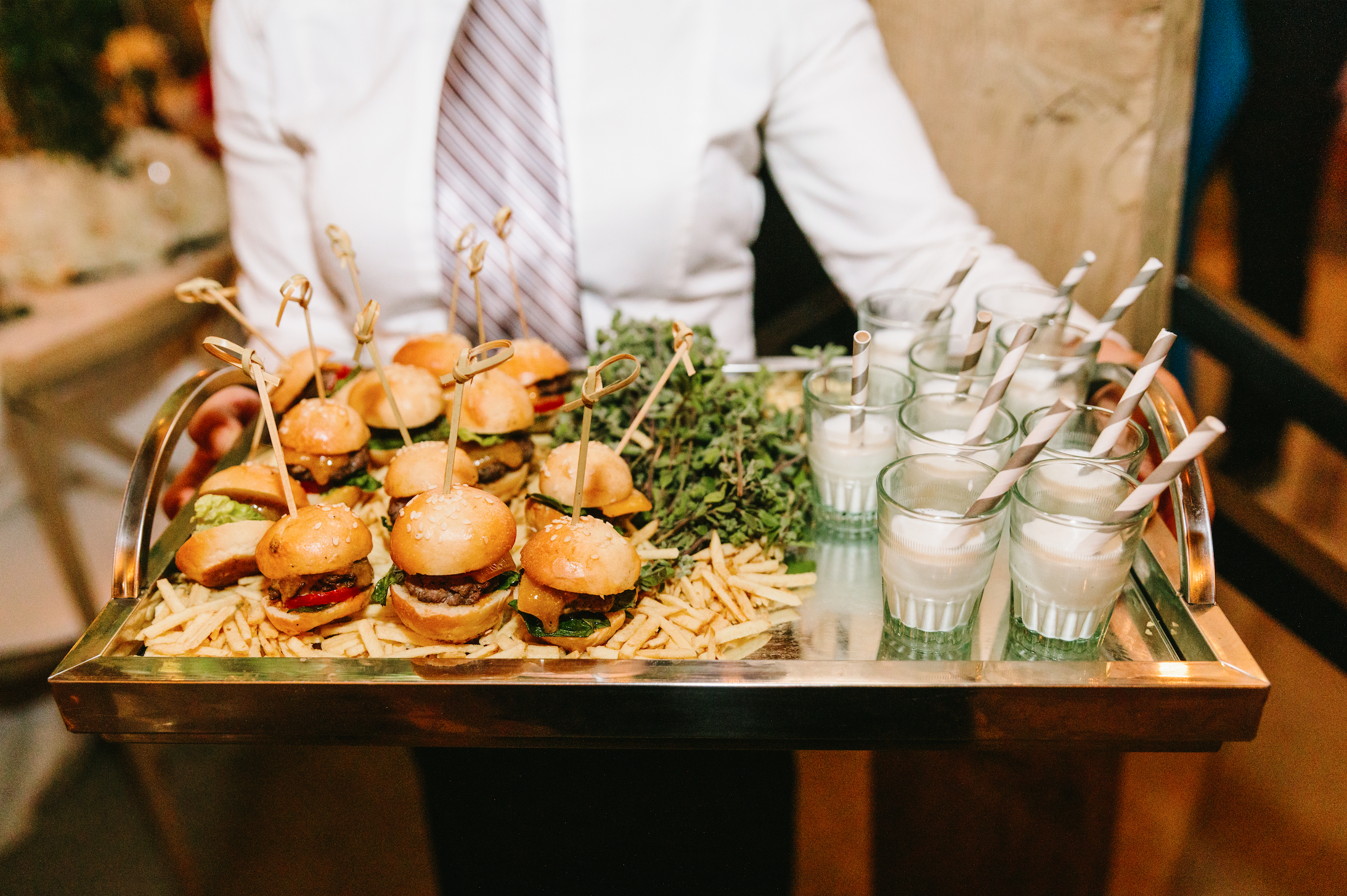 www.santabarbarawedding.com | Pure Joy Catering | Jodee Debes Photography | Server with Late Night Snacks Including Hamburgers and Milkshakes