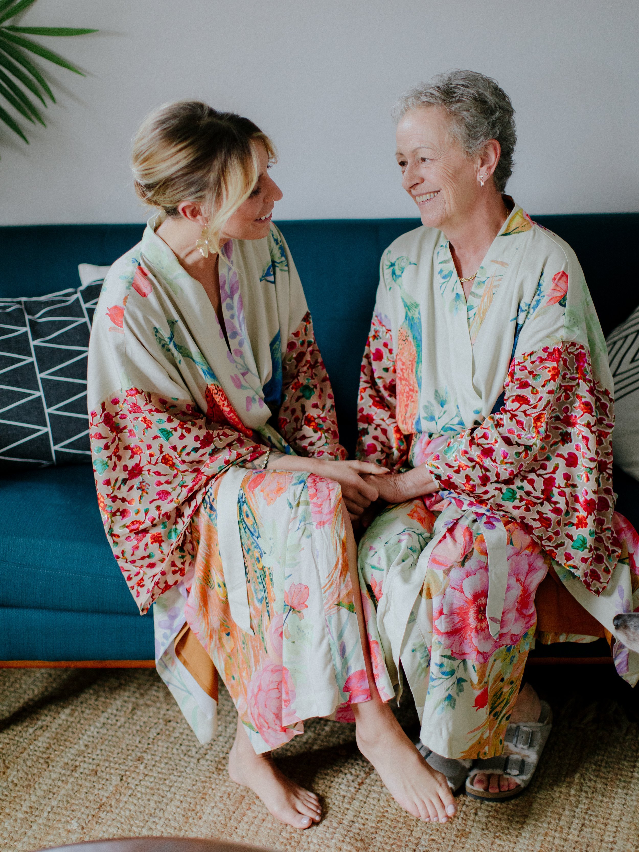www.santabarbarawedding.com | Chris J. Evans | Bride and Her Mom Getting Ready in Colorful Robes