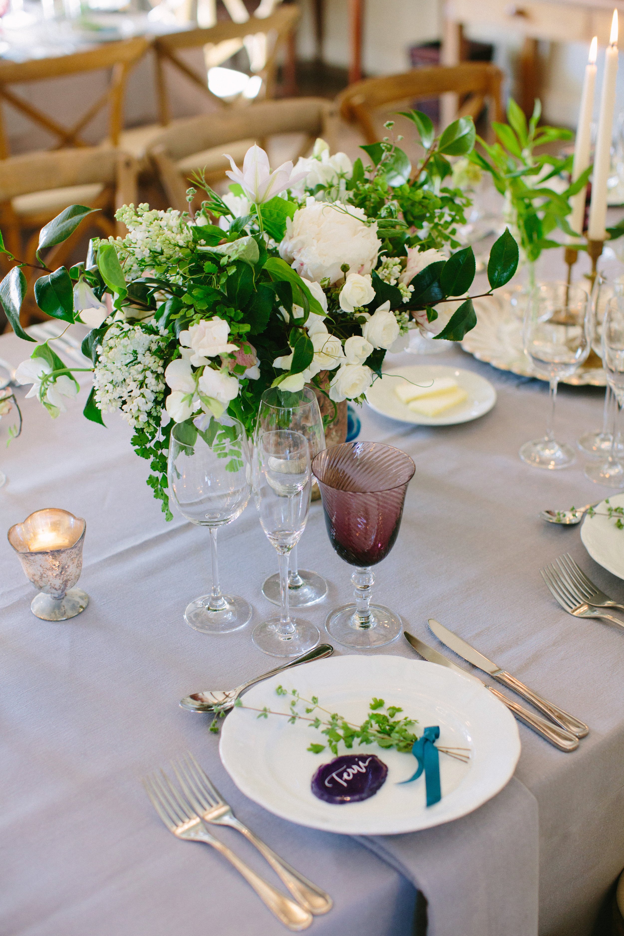 www.santabarbarawedding.com | San Ysidro Ranch | Imagine Events | Millay and Young Photo | Reception Table | Place Setting