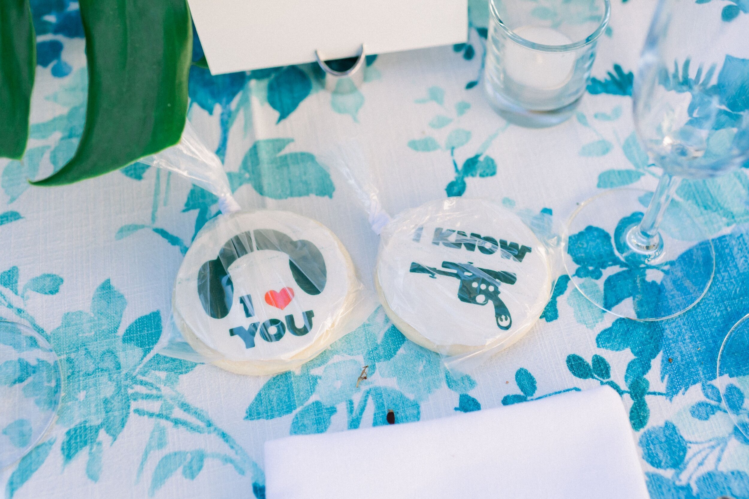 www.santabarbarawedding.com | James &amp; Jess Photography | KB Events | Star Wars Themed Cookies on Blue Tablecloth