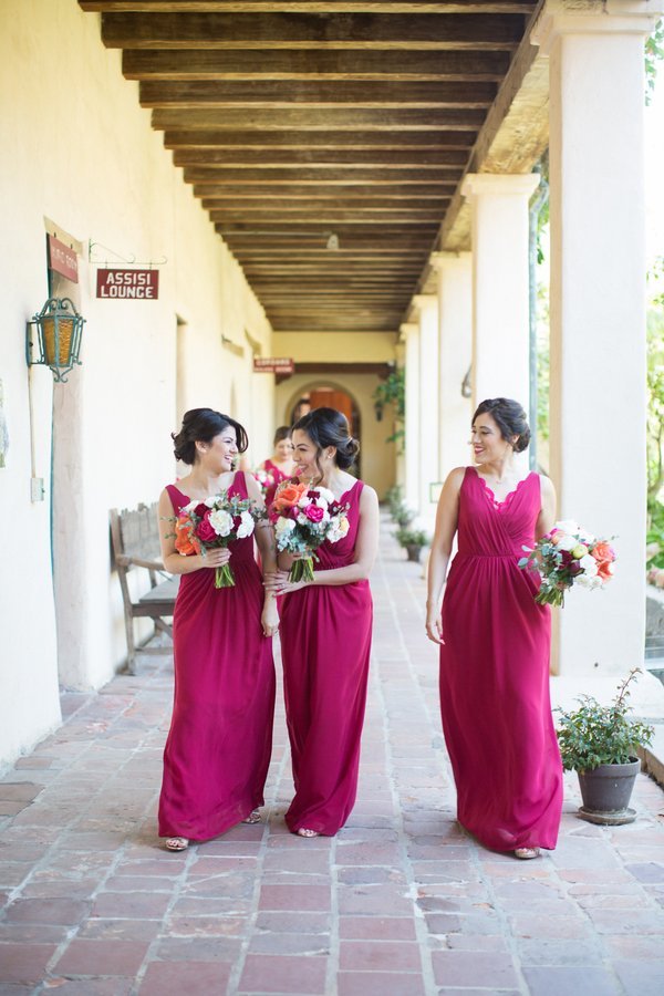 www.santabarbarawedding.com | Kiel Rucker Photography | Le Jour Parfait | Three Bridesmaids in Red Carrying Bouquets