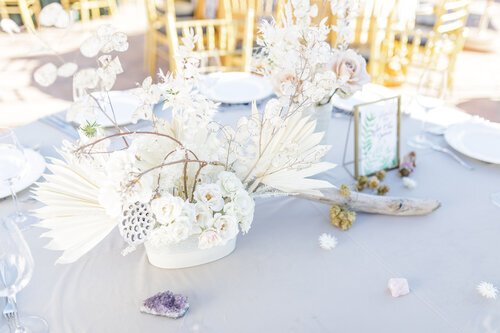 www.santabarbarawedding.com | Head and Heart Photography | Boho Chic Dreams | Unique White Floral Centerpiece