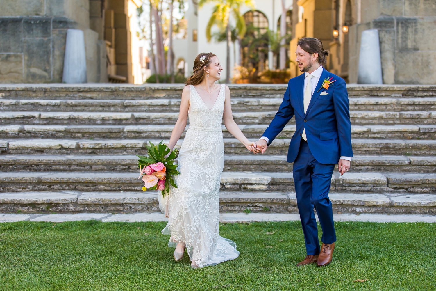 www.santabarbarawedding.com | Santa Barbara Courthouse | Elizabeth Victoria Photography | Hogue &amp; Co. | Floravere | La Rouge Artistry | Bride and Groom in Front of the Courthouse