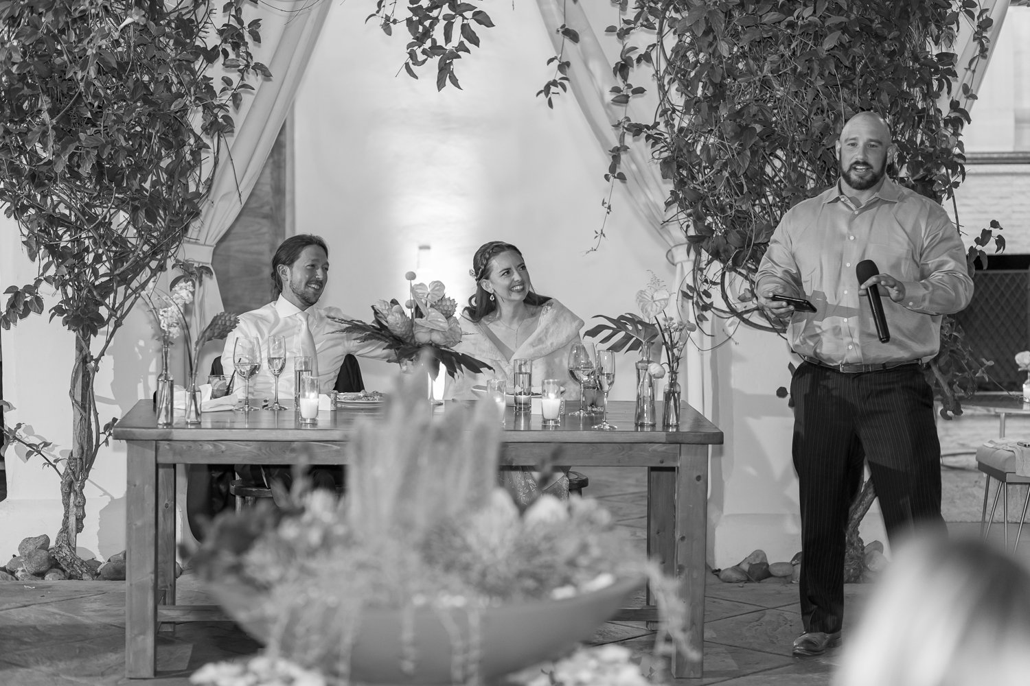 www.santabarbarawedding.com | Villa &amp; Vine | Elizabeth Victoria Photography | Hogue &amp; Co. | Floravere | La Rouge Artistry | Bride and Groom Listening to Groomsman’s Speech 