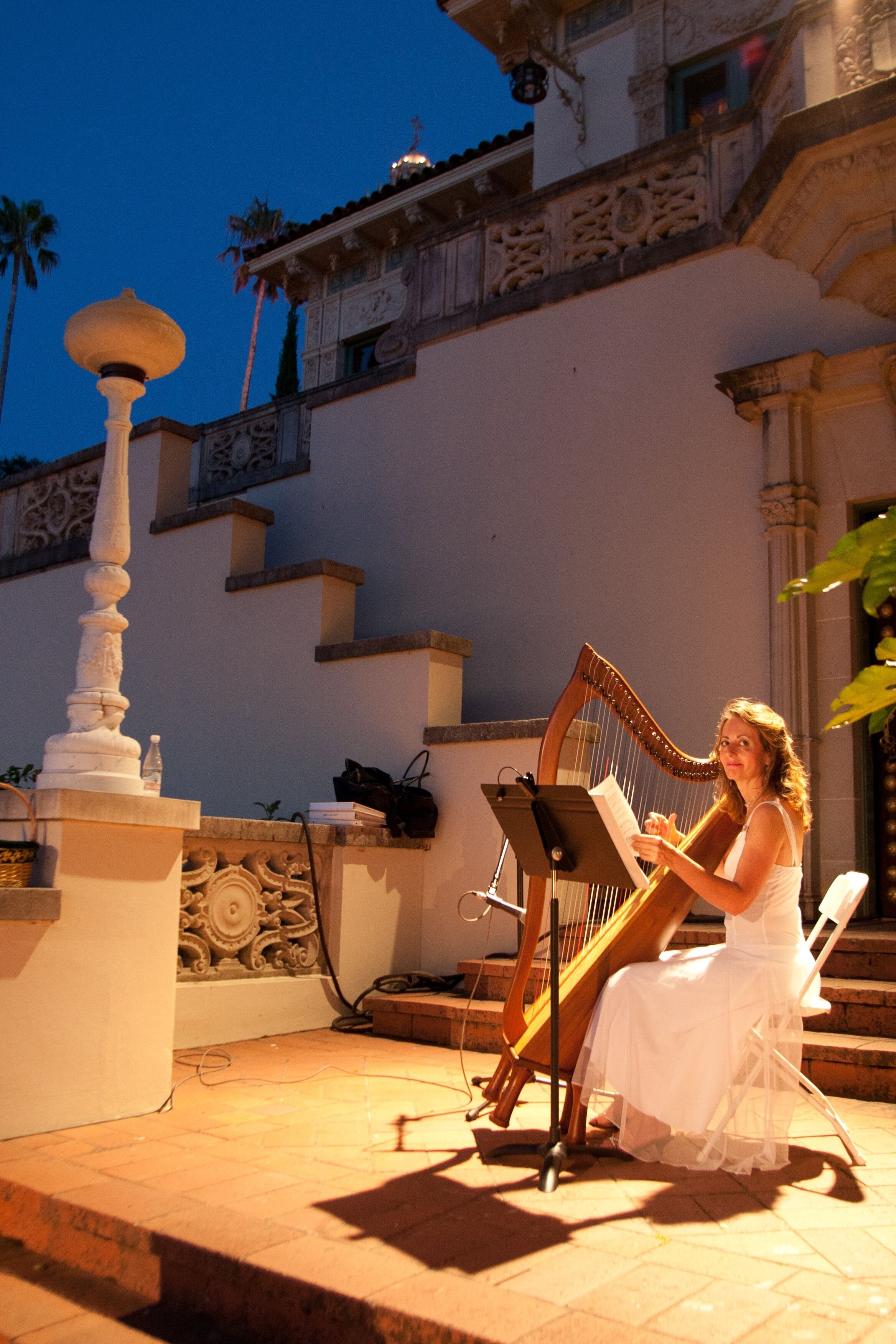 www.santabarbarawedding.com | Jeanne Martin, PhD Wedding Harpist | Harpist in a White Dress at the Wedding Reception