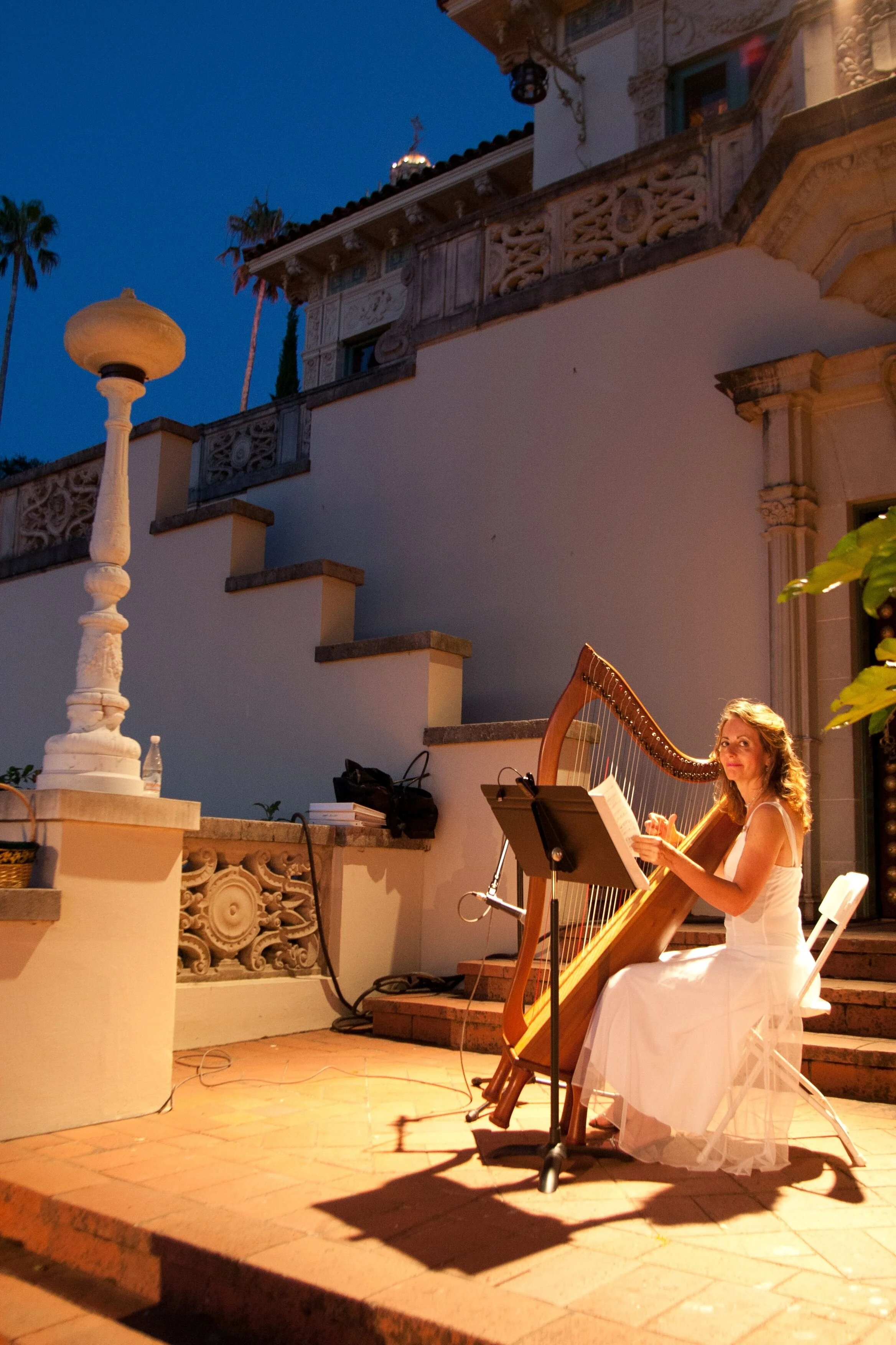 www.santabarbarawedding.com | Jeanne Martin, PhD Wedding Harpist | Harpist in a White Dress at the Wedding Reception