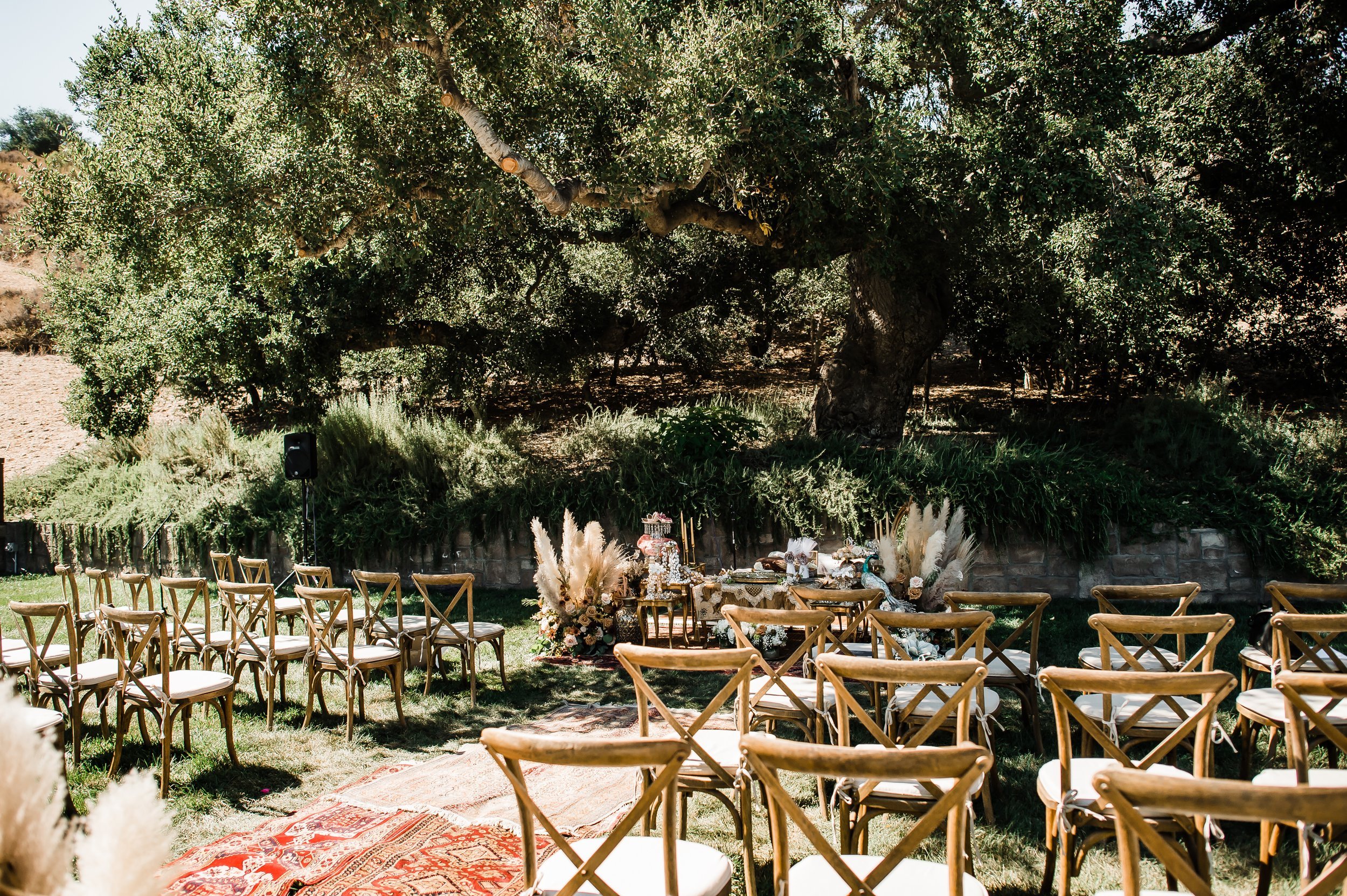 www.santabarbarawedding.com | Michelle Ramirez  | Zaca Creek | Santa Barbara Elopement | Ella &amp; Louie | SYV Elite Events | Traditional Persian Decorated Table and Chairs at Ceremony 