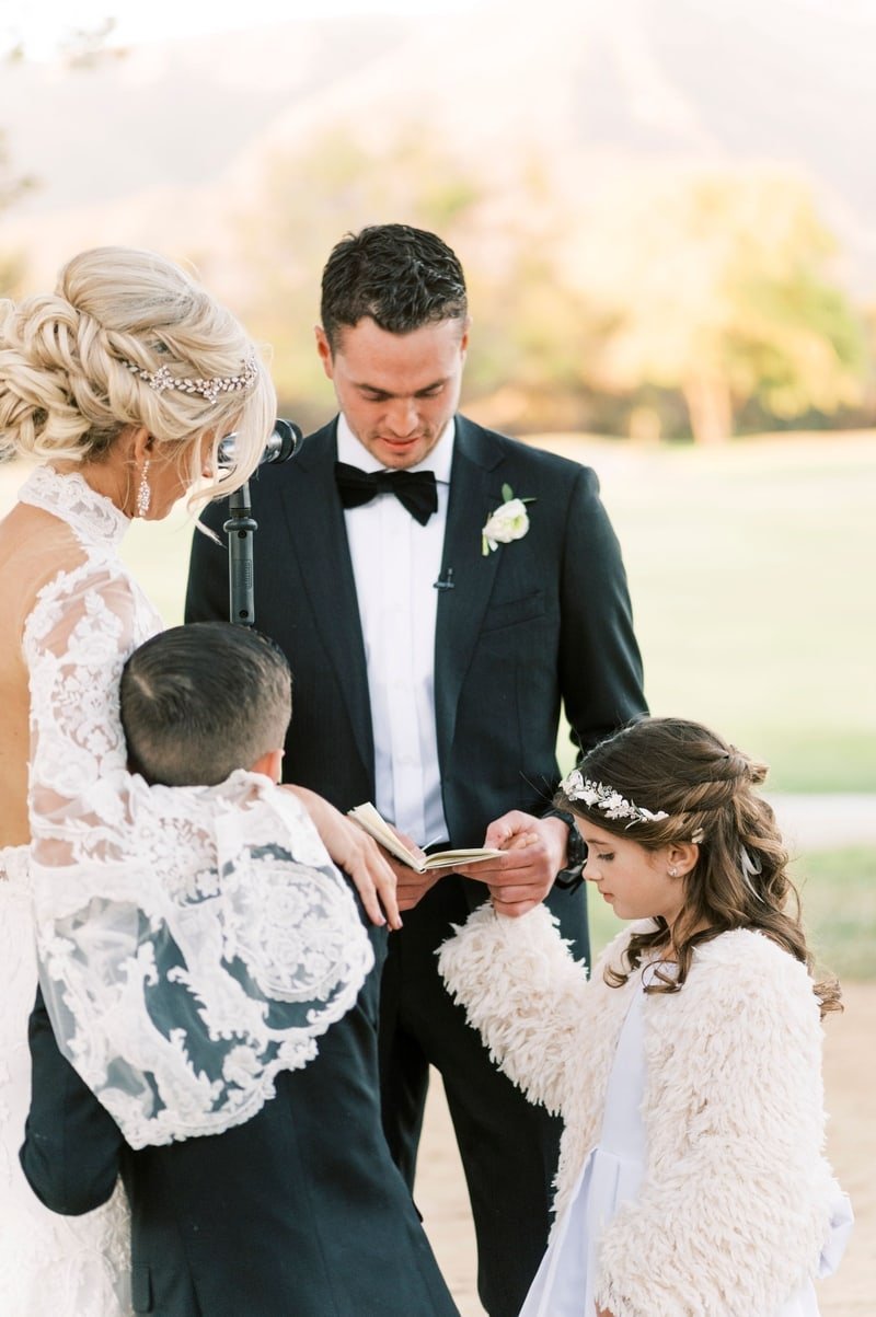 www.santabarbarawedding.com | Ojai Valley Inn | White Sage | Ellie Koleen Photography | Ojala Floral | Ivory Bridal Boutique | Rogue Styling | Enzo Custom | Couple with Bride’s Children at Ceremony