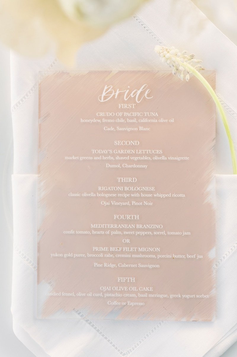 www.santabarbarawedding.com | Ojai Valley Inn | White Sage | Ellie Koleen Photography | Ojala Floral | Amigo Party Rentals | La Tavola | Theoni Collection | Amanda Houston Design | Reception Menu