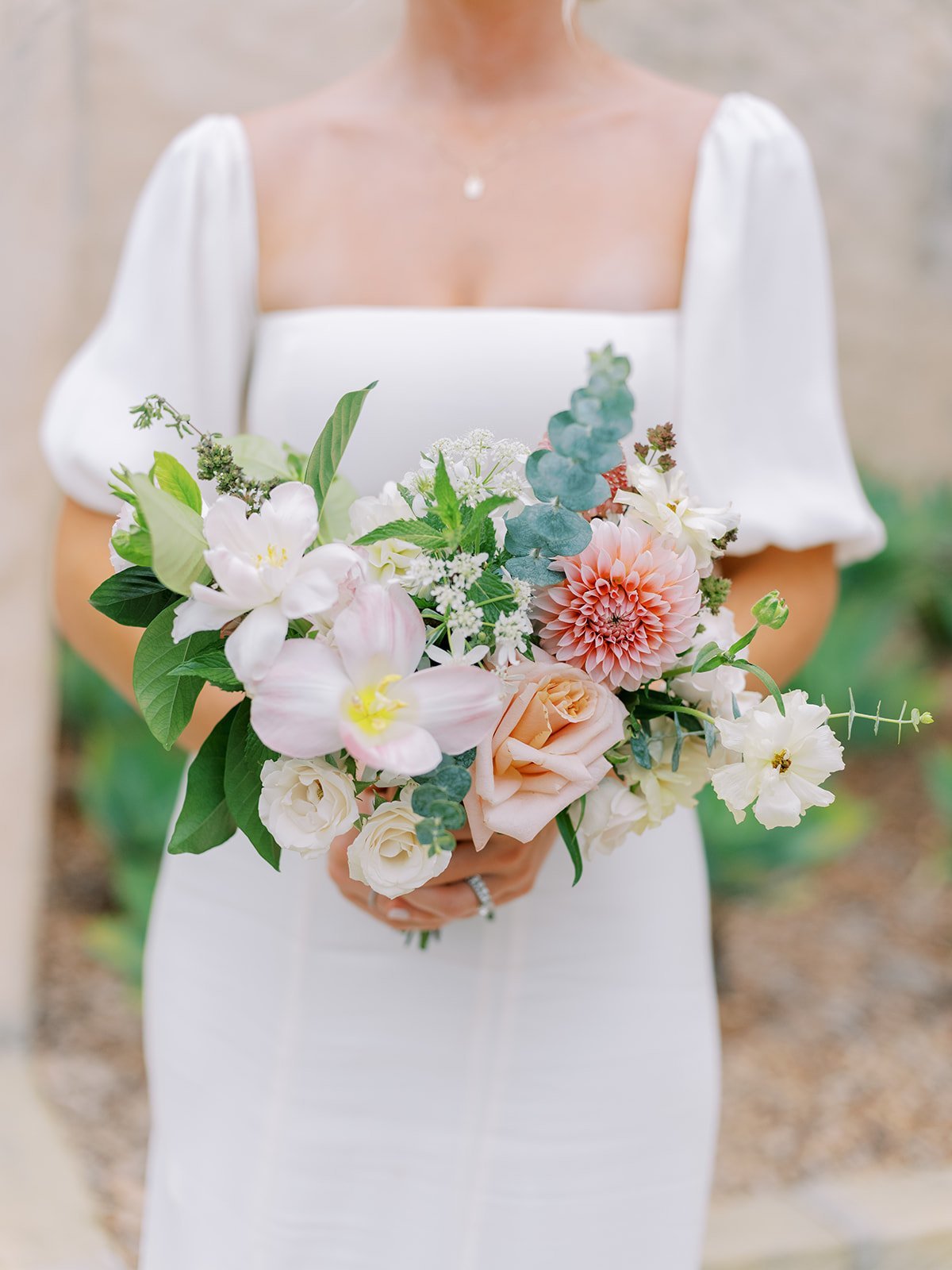 www.santabarbarawedding.com | Kelsey Rae Designs | Our Lady of Mount Carmel | Dani Toscano | Alexis Ireland Florals | Reformation | Bridesmaid Holding Bouquet