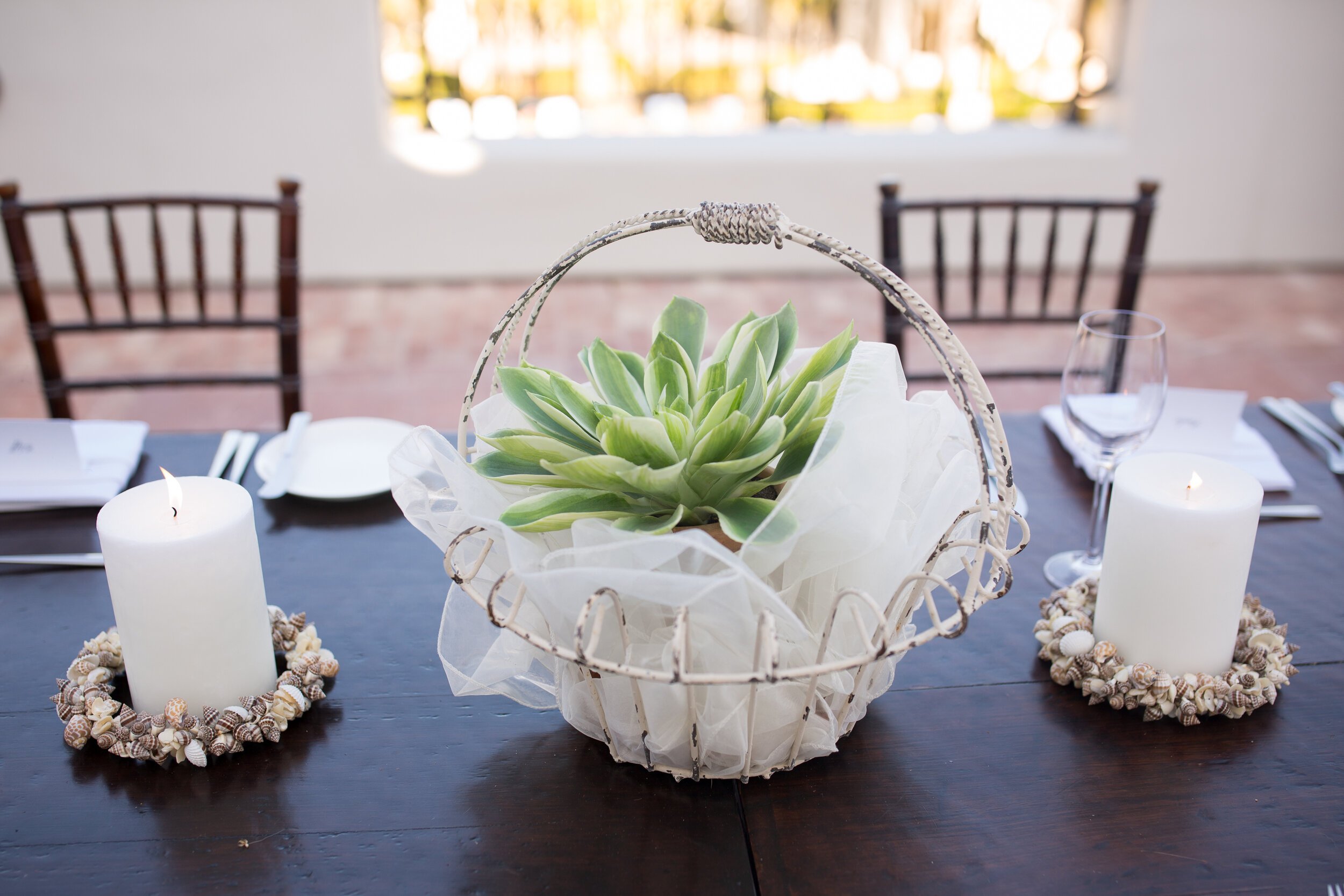 www.santabarbarawedding.com | Kelsey Crews Photo | Ritz-Carlton Bacara | Ella &amp; Louie | Green Succulent Centerpiece on Reception Table with Candles