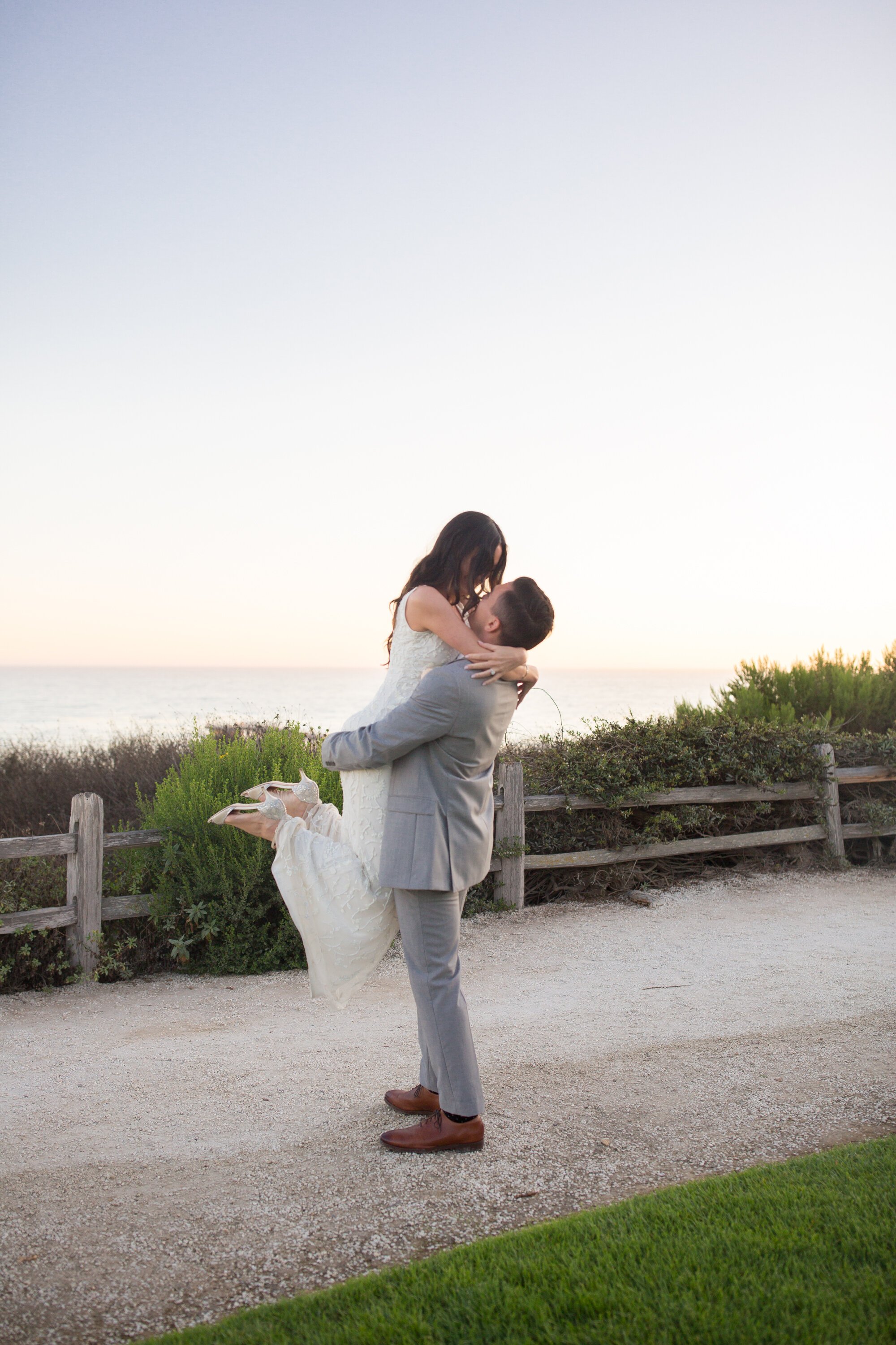 www.santabarbarawedding.com | Kelsey Crews Photo | Ritz-Carlton Bacara | Ella &amp; Louie | Bride and Groom at Sunset with the Beach and Ocean in the Background