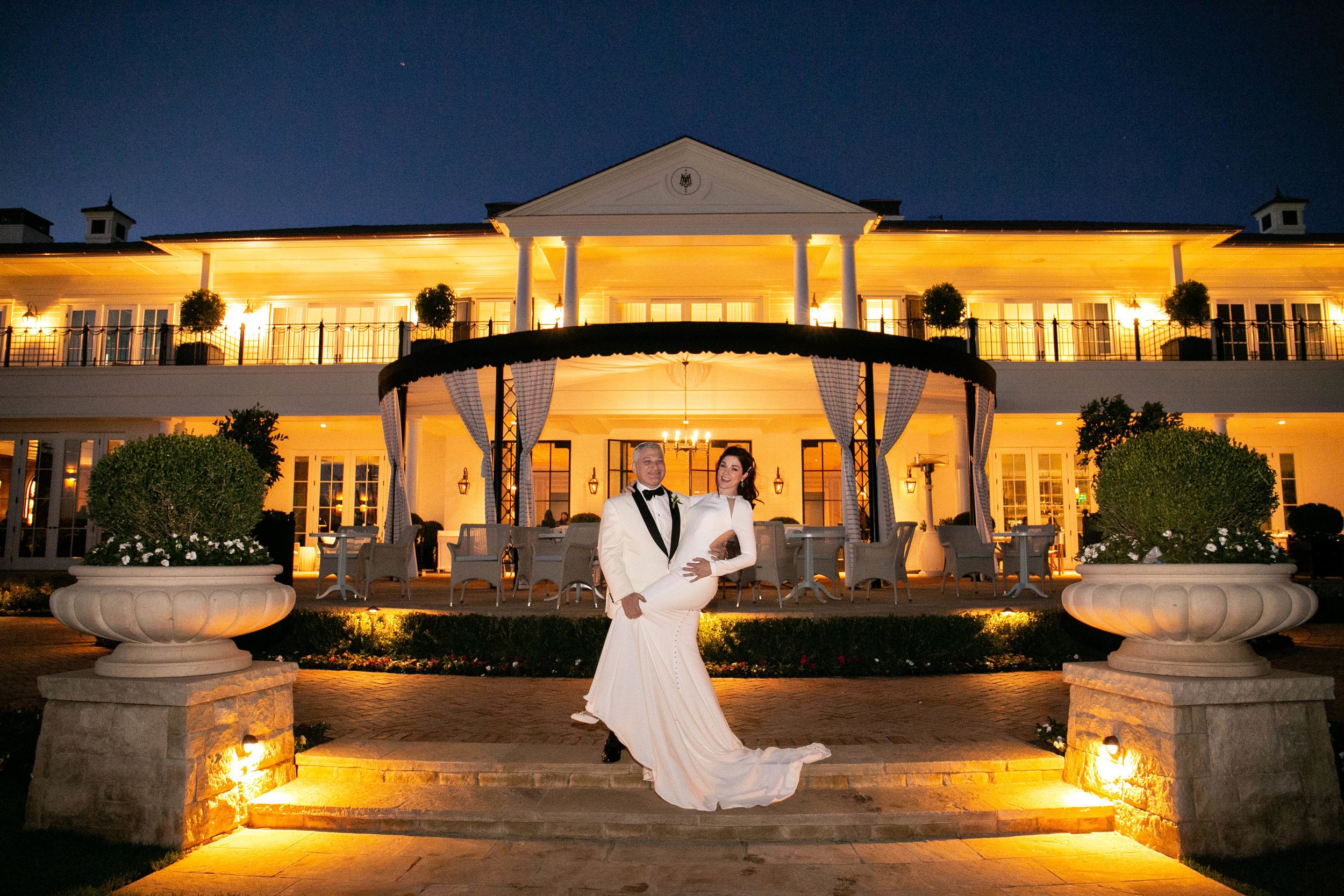 www.santabarbarawedding.com | Laurie Bailey | Rosewood Miramar | Ann Johnson Events | SPARK Creative Events | Couple in Front of the Venue at Night